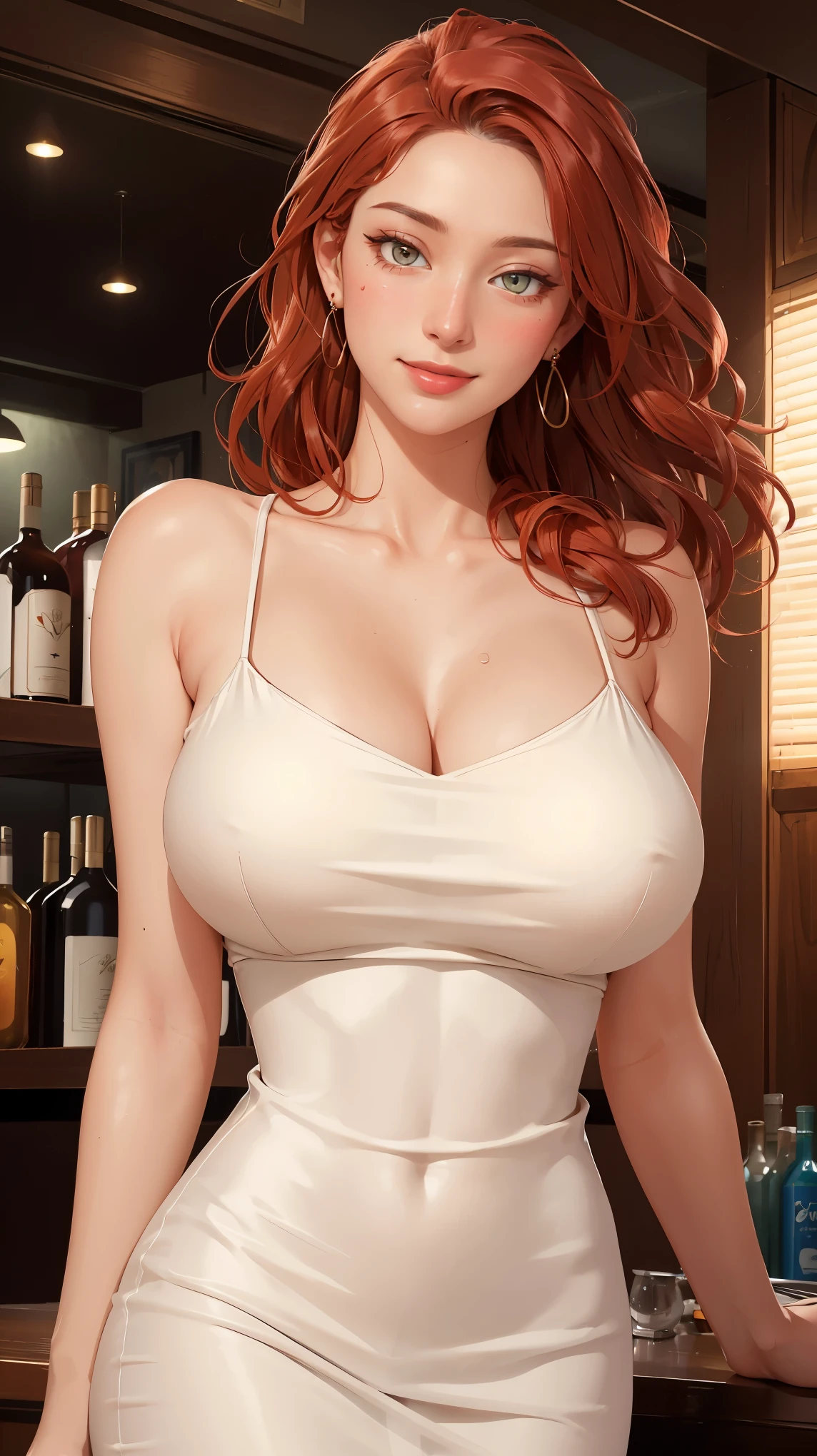 ((((masterpiece, best quality, high resolution)))), Extremely detailed 8K, Beautiful girl with voluptuous body, (Ultra HD, Ultra-detailed, Highly detailed, Highly realistic, Ultra-realistic, photograph realistic), (1girl:1.5), (Realistic red hair), (long wavy hair, hair ornaments, earrings), (dynamic poses), facing at camera, looking at viewer, (blushing red, embarrassed, smile), (hazel eyes, sharp eyes), (big perky breasts:1.2), (beautiful detailed face, beautiful detailed eyes), ((tight silk dress)), sweat, glow, (sunbeam, sunlight), ((cowboy shot)), jazz bar