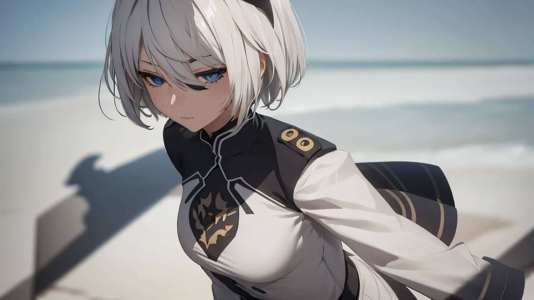 extremely detailed CG unity 8k wallpaper), (masterpiece), (best quality), (ultra-detailed), (best illustration), (best shadow), (absurdres) ,(detailed eyes), 2b, 1girl, short hair, white hair, solo, Intimidating women, admiral uniform, night, hero pose, white clothes, General Uniform, Military Uniform, Sunlight, exposed to sunlight,commander, fighting pose, wearing cape