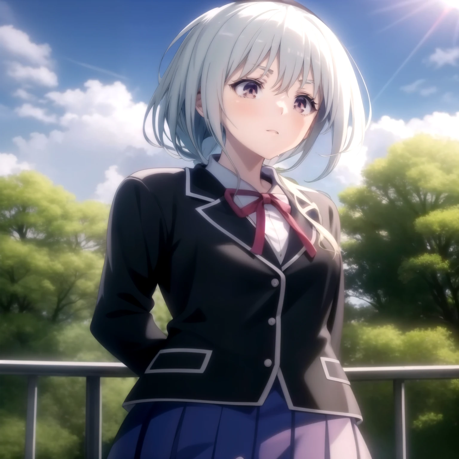anime girl standing on a balcony with trees in the background, cute anime high school girl, visual de anime de uma linda garota, Arte suave em CG de anime, Roupas de banho, arte oficial altamente detalhada, estilo de arte anime moe, jovem anime, retrato de anime de tsunako, hiperrealista
