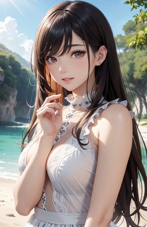 ((nude, focus)),((topless, botomless)),Vulgar,(nsfw),low angle,from below,((masterpiece, highest resolution,best quality)), (beautiful photo realistic illustration), ((1girl,cute,young,wet semi long beautiful black hair,blunt bangs,beautiful eyes)),(solo),(sitting on the beach),innocent sexy smile,wet gleaming skin,Embarrassed,orgasm,unfocused eyes,mouth open,
white over-kneehighs,Lace chalker, wristband, fingerless gloves, over-kneehighs,
Lace chalker, diamond necklace,wristband, fingerless gloves, earrings, windy,cinematic lighting, beach, sand, blue sky, waves, coconut tree,