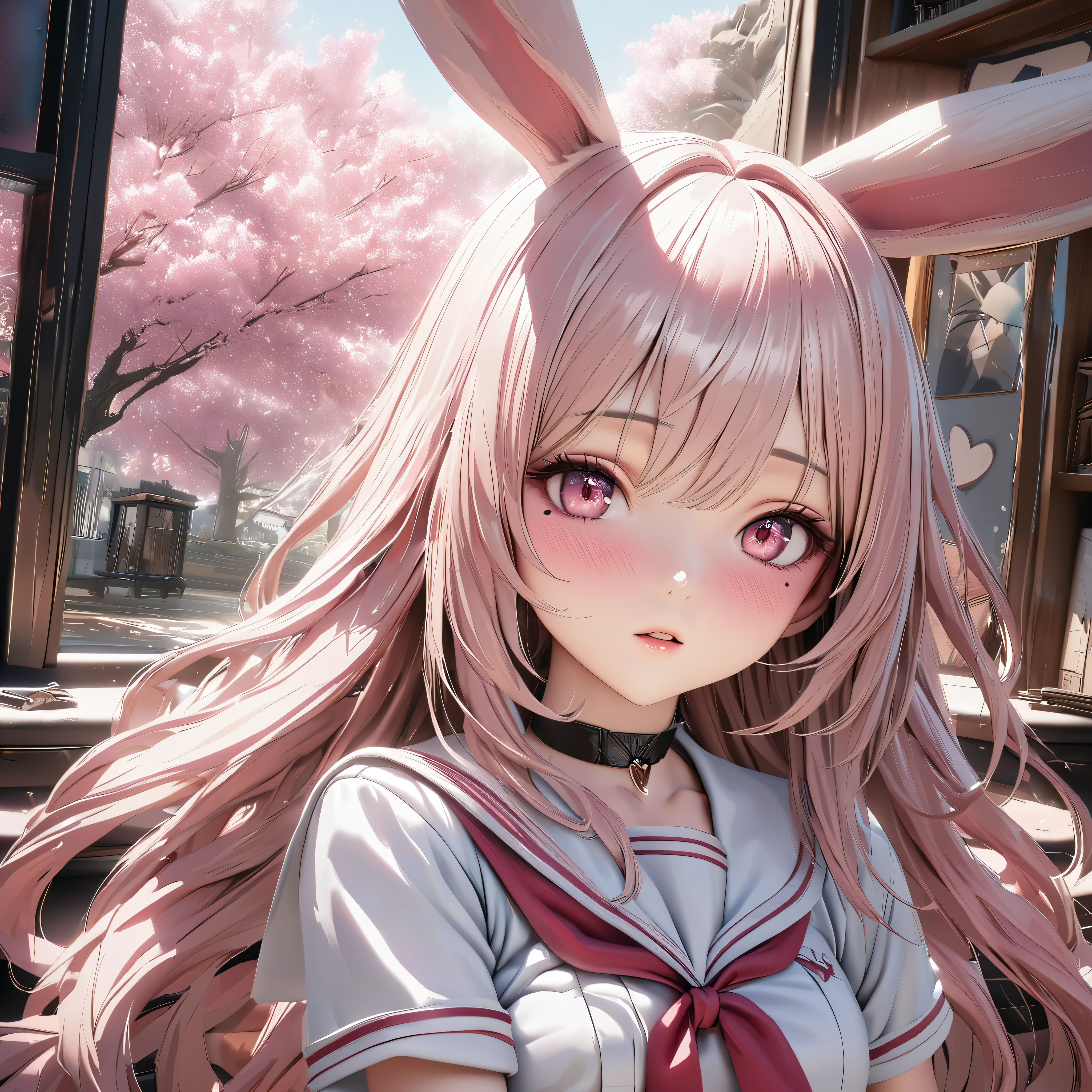 masterpiece,highest quality, Super detailed, High resolution, expensive resolution, HDR, 4k, 8K, unity 8k wallpaper, Super detailed CG, masterpiece, realistic, 2D, 3D, beautiful details, depth, fine texture , super fine: 1.3, Fully focused, Crispy.skin, .he,
Very cute anime girl 、under the cherry tree、Sailor suit costume、Cherry blossoms are dancing、Pink semi-long hair wearing expensive , one girl、alone, Pink semi-long hair, animal ears, rabbit ears, sailor suit、computer、disk、mole under the eye, looking at the viewer , expensive , blush, mole, rabbit ears, parted lips, hair ornaments, heart, pink eyes, choker
