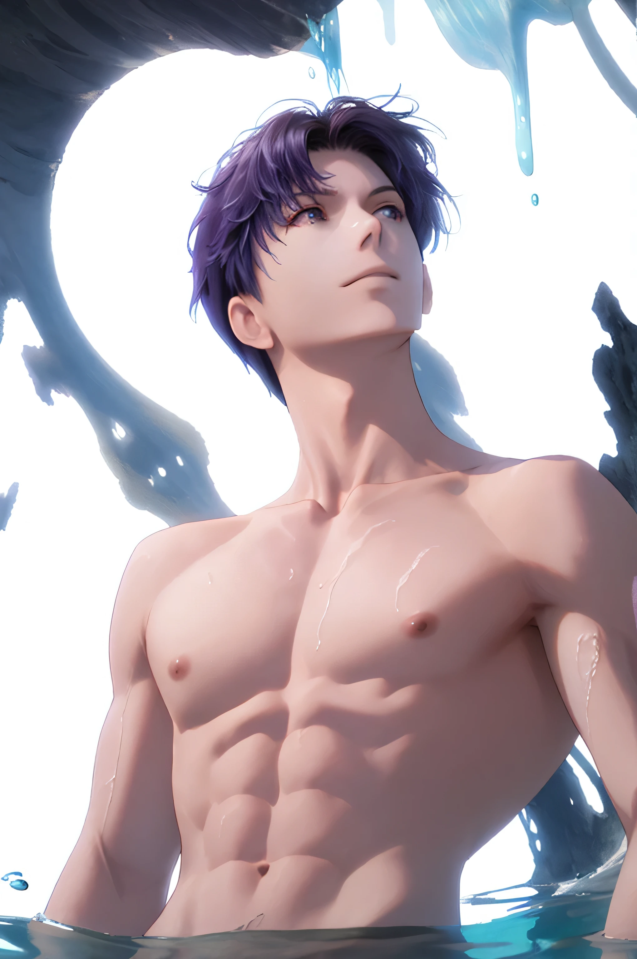 masterpiece, highest quality, 1 person, ((youth)),1man, mature men,(2D),pixiv illustration,dark purple hair,insanely handsome,Handsome guy,well-groomed face,in water,naked torso,whole body,(((looking diagonally upwards))),(((looking up from below))),supple muscles,a little muscle,detailed background,((topless)),(((topless))),Looking up at the water surface,wearing an antique loincloth,((the water is above your head)),in waterに浮かぶ, ((in waterPhotography)),Falling into the water,Glowing bubbles,graceful movements,Soft and fantastic lighting,Bright colors,water ripples,under water, Submerged, Many blisters,in waterに沈む,The palace is submerged behind,Swimming in water,Immerse yourself in crystal clear water,short neck,