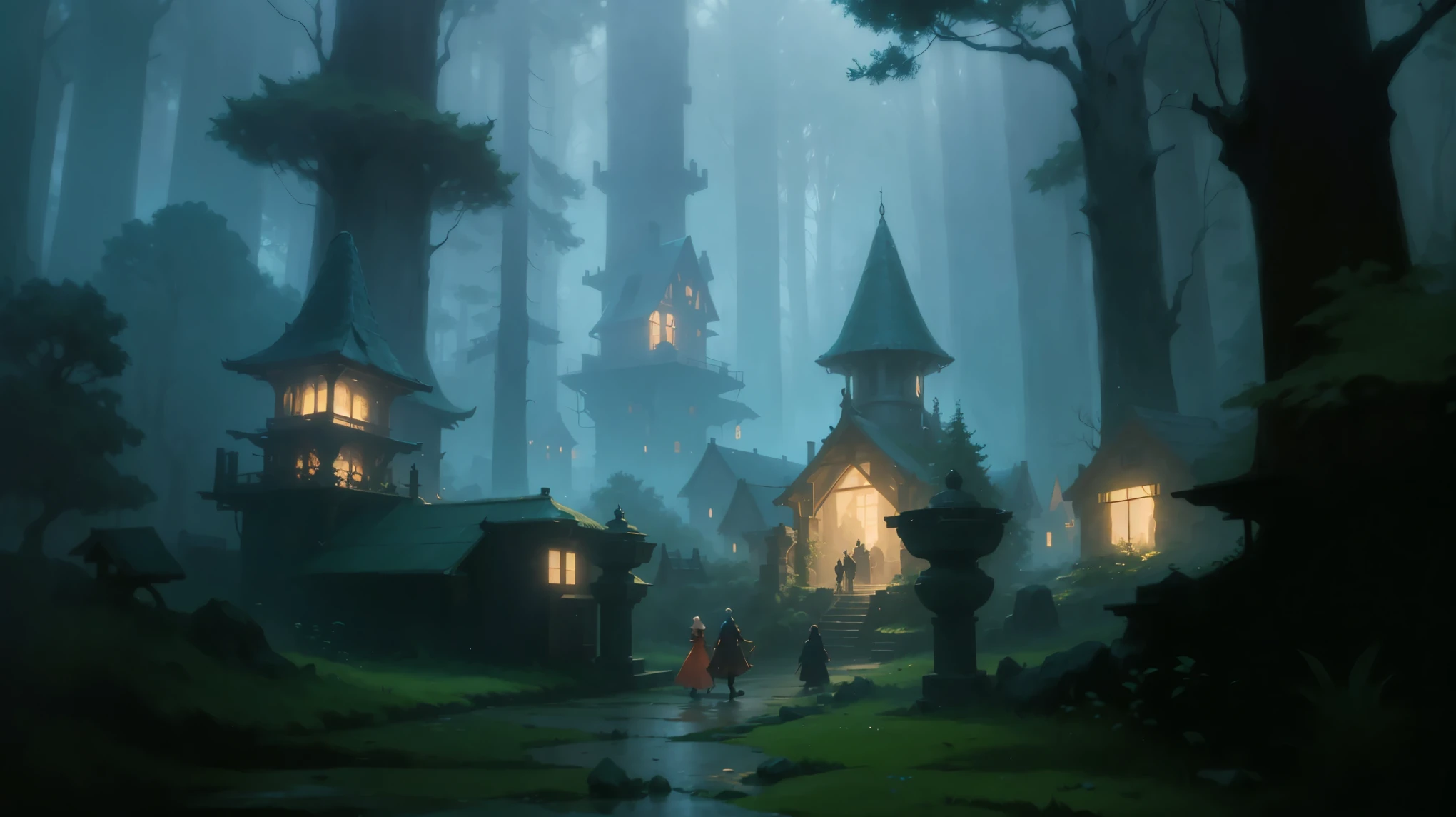 a close up of a person walking in a forest near a building, inspired by Andreas Rocha, andreas rocha style, village in the woods, by Andreas Rocha, medeival fantasy town, the style of andreas rocha, background art, magical concept art, magical fantasy 2 d concept art, painted by andreas rocha, fantasy matte painting，cute