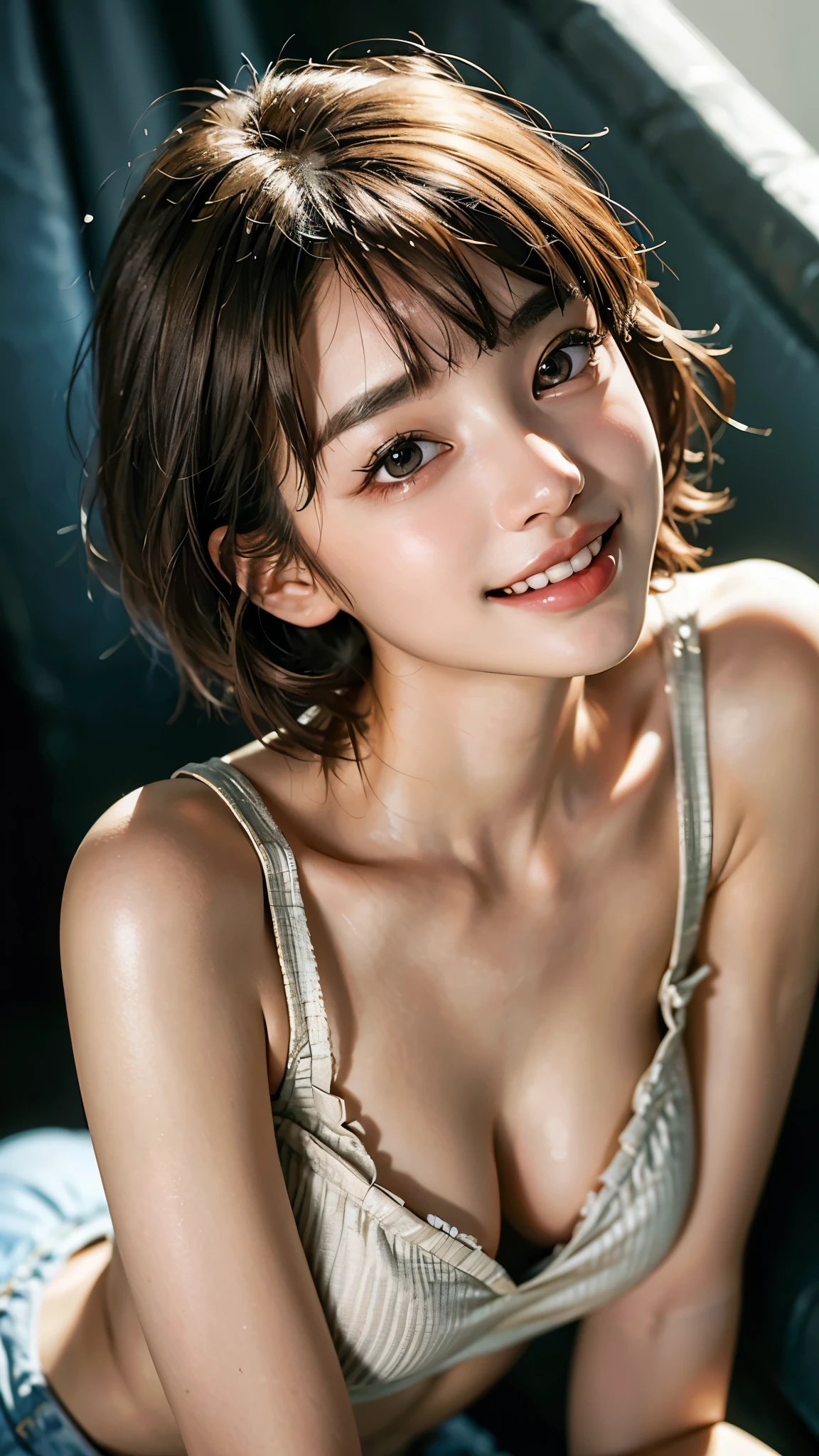 highest quality, masterpiece, ultra high resolution, (realistic:1.4), (portrait facing each other) Raw photo, 1 girl, 20-year-old,((K-pop idol costumes)),((very short hair)),((Bangs, short hair, above eyebrows)),((looking up at the viewer)),realistic,((Simple solid color background)), picture media chest)),((toothy smile)),
