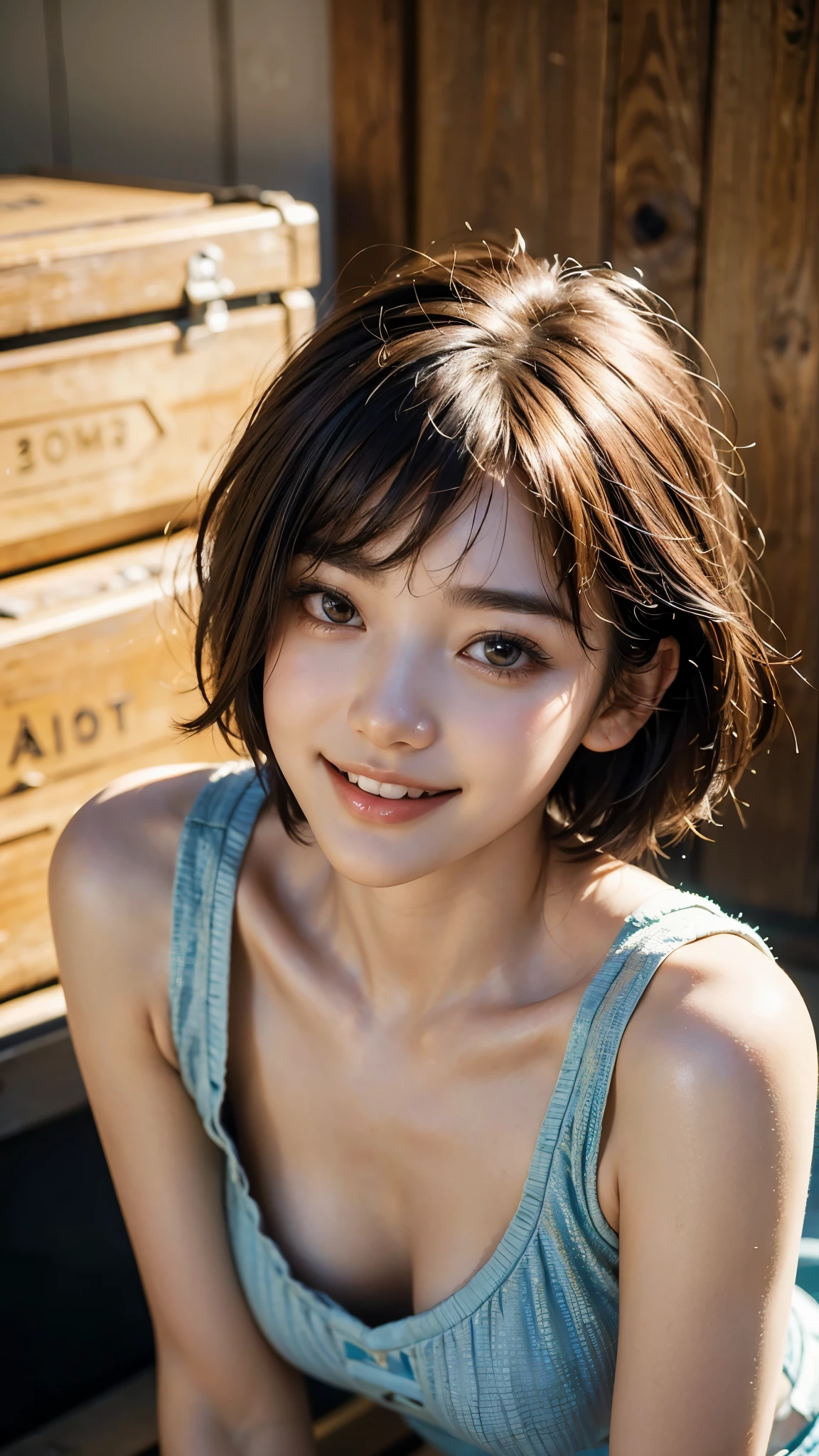 highest quality, masterpiece, ultra high resolution, (realistic:1.4), (portrait facing each other) Raw photo, 1 girl, 20-year-old,((K-pop idol costumes)),((very short hair)),((Bangs, short hair, above eyebrows)),((looking up at the viewer)),realistic,((Simple solid color background)), picture media chest)),((toothy smile)),
