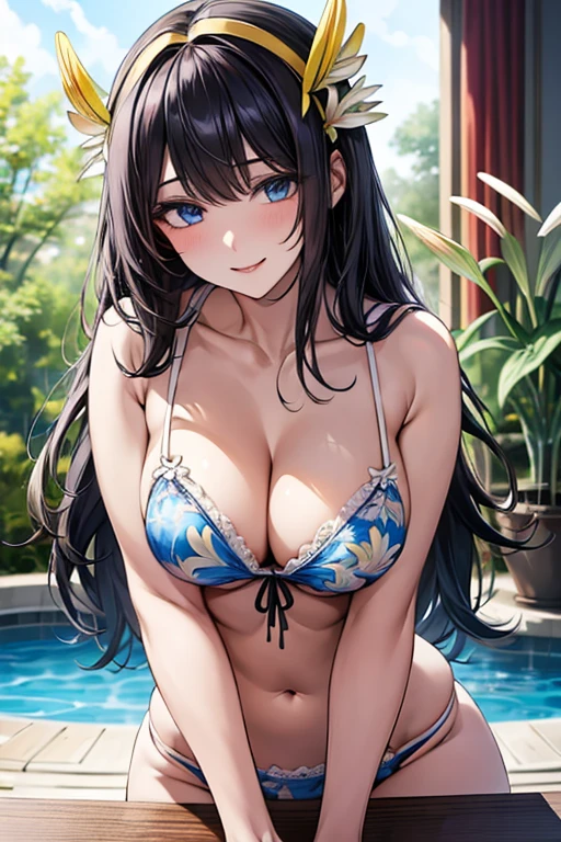 (((Black hair))), long hair, blue eyes, sexy, large breasts, beautiful body, masterpiece, smile, (((White Trumpet Lily print lingerie))), sexy lingerie, hotel swimming pool,busty, buxom, curvy, voluptuous