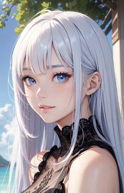 masterpiece、highest quality、High resolution、high quality images、8K, 1 female、skin luster、Texture of skin and clothing、Expression of fine eyes、shiny silver hair,long hair girl, Manga inspired by Lee Jong-suk, trending on deviantart, realism, detailed manga style, manga art style, perfect line drawing, beautiful line drawing, digital manga art girl, K-POPアイドル, dress, beautiful light blue eyes, plump lips, detailed gorgeous face, (cute smile), charm, innocent, Side view, (perfectly detailed face), (fine hands) photorealistic images, Depth of written boundary, half up hairstyle, warm sunshine,白いdress,cloud,sky sky,The skin is delicate,