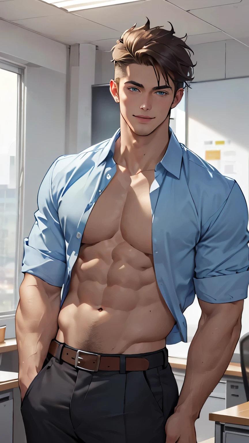 ((the best quality)), ((Masterpiece)), (details), perfect face, high definition, Masterpiece,4k,details clearly, Handsome face, white skin, perfect body, male body, strong muscles, abdomen, blue eyes, white skin, The most handsome man in the world, handsome, The coolest face, Male characters, close image (1man, shirtless), young man, mischievous smile, Extremely muscular tall man, open your eyes ((detailed eyes)), huge, muscular body and Massive, bulging pecs, muscular abs, narrow waist, short hair, blue eyes, delicate big eyes, carefree expression, Clear face, handsome (detailed face, perfect face) ((extremely realistic shadows, bodybuilding posture, human, ((22-year-old young man)), V shape, Slacks pants, Shirtless, lower pants, topless, hair moved by the wind, belt, close image (1man, shirtless, ripped muscles, room office, Bright light, Open shirt, oversize shirt, hem of the shirt, Unbutton your shirt, Thin shirt, show your chest, blue shirt, shirt moved by the wind, in office room