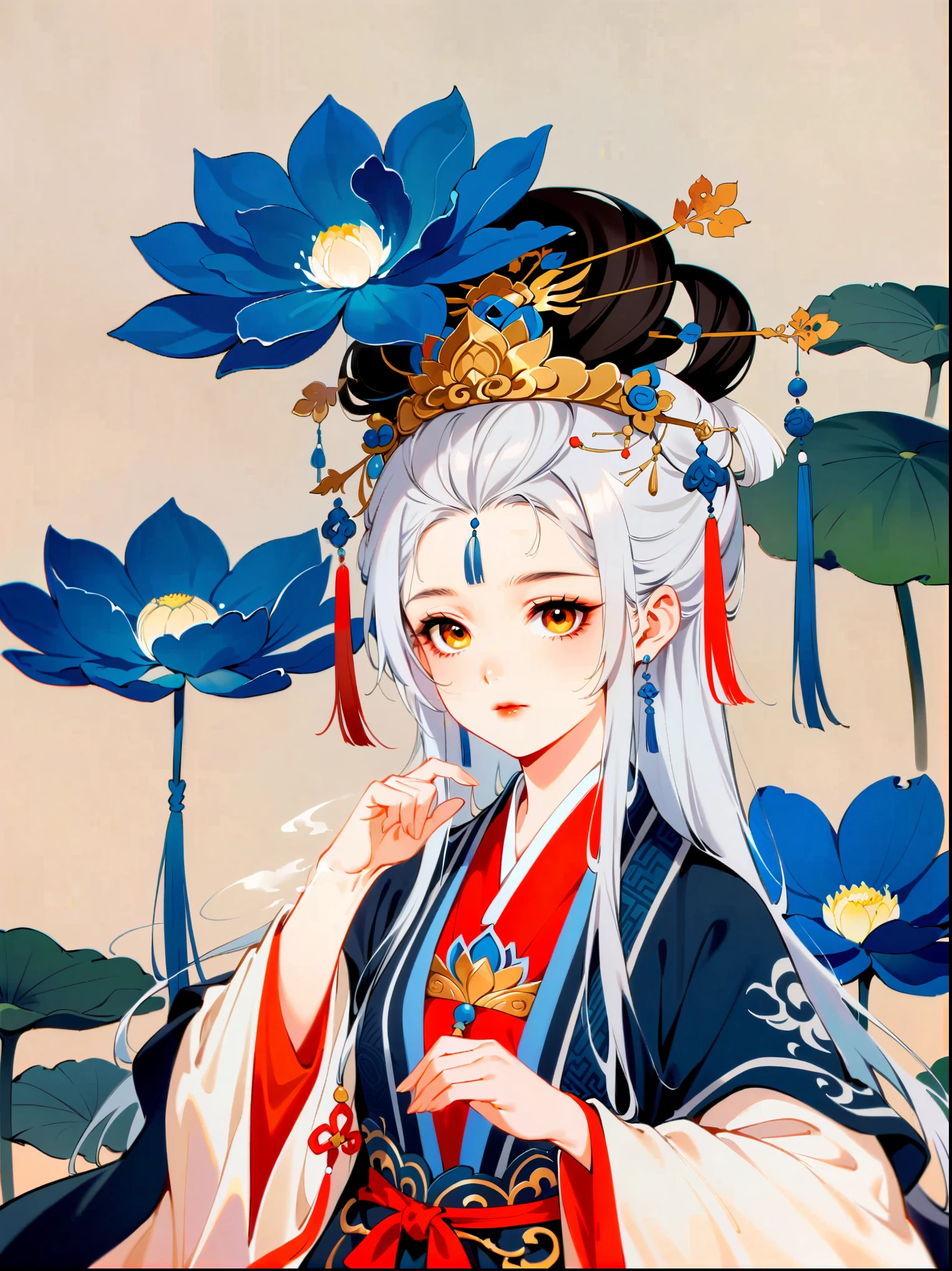 In a two-dimensional style, illustrate a close-up scene of a white-haired female Taoist meditating on a floating giant lotus rock within a mysterious ancient forest. She wears a flowing blue Taoist robe with golden cloud patterns that seem to animate with her breath. Surround her with slowly rotating ancient characters emitting a soft glow. The focus is on accurately depicting the female Taoist's features, limbs, and fingers in detail, set against a simplified background to emphasize her serene expression and meditative posture.