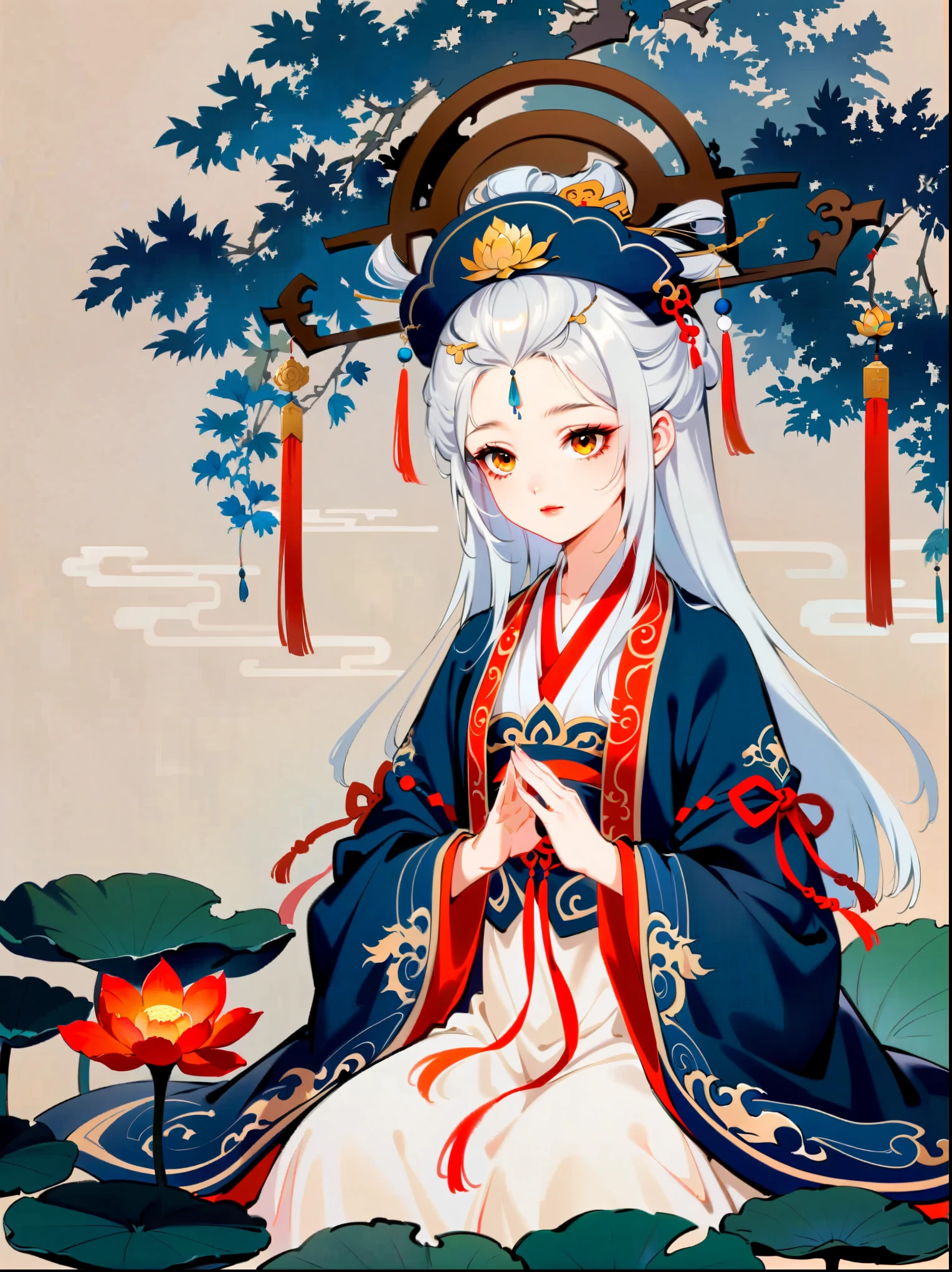 In a two-dimensional style, illustrate a close-up scene of a white-haired female Taoist meditating on a floating giant lotus rock within a mysterious ancient forest. She wears a flowing blue Taoist robe with golden cloud patterns that seem to animate with her breath. Surround her with slowly rotating ancient characters emitting a soft glow. The focus is on accurately depicting the female Taoist's features, limbs, and fingers in detail, set against a simplified background to emphasize her serene expression and meditative posture.