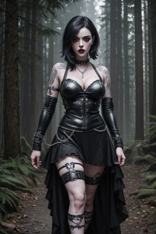Punk trad goth subculture gothic Girl trad goth makeup punk post punk,a woman in latex, latex brassiere, chain, 22 year old, pale skin, black hair, Blue eyes, fear in the eyes, forest horror, fears, fights, camera focus on the face, dim light, tattoo, best quality, ultra higher, photorealistic, 8k, RAW photo,Sharp chin, photography, raw photo, masterpiece, extremely detailed photo, DSLR, photorealistic 1.4, ultra hi res, best quality, pink lips, perfect makeup, full body picture, tall, toned, busty,