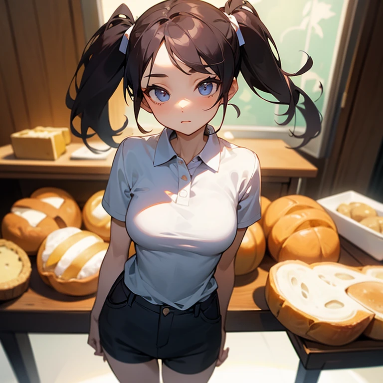 beautiful girl, perfect face, big breasts, slender, twin tails, polo shirt, short pants, put bread on the table