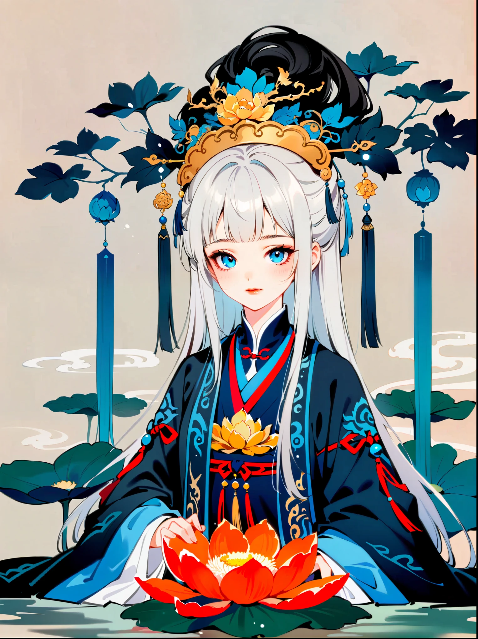 In a two-dimensional style, illustrate a close-up scene of a white-haired female Taoist meditating on a floating giant lotus rock within a mysterious ancient forest. She wears a flowing blue Taoist robe with golden cloud patterns that seem to animate with her breath. Surround her with slowly rotating ancient characters emitting a soft glow. The focus is on accurately depicting the female Taoist's features, limbs, and fingers in detail, set against a simplified background to emphasize her serene expression and meditative posture.