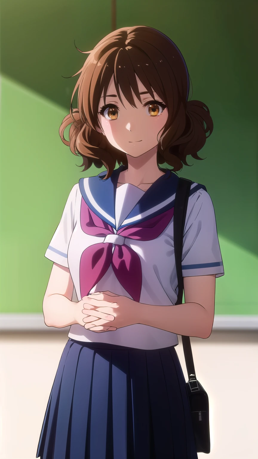 kumikooumae, kumiko oumae, (brown eyes:1.5), brown hair, short hair, wavy hair,
BREAK skirt, shirt, , white shirt, short sleeves, pleated skirt, serafuku, sailor collar, blue skirt, neckerchief, red sailor collar, school bag, blue neckerchief, kitauji high ,
BREAK indoors, classroom,
BREAK looking at viewer, (cowboy shot:1.5),
BREAK (masterpiece:1.2), best quality, high resolution, unity 8k wallpaper, (illustration:0.8), (beautiful detailed eyes:1.6), extremely detailed face, perfect lighting, extremely detailed CG, (perfect hands, perfect anatomy),smile 