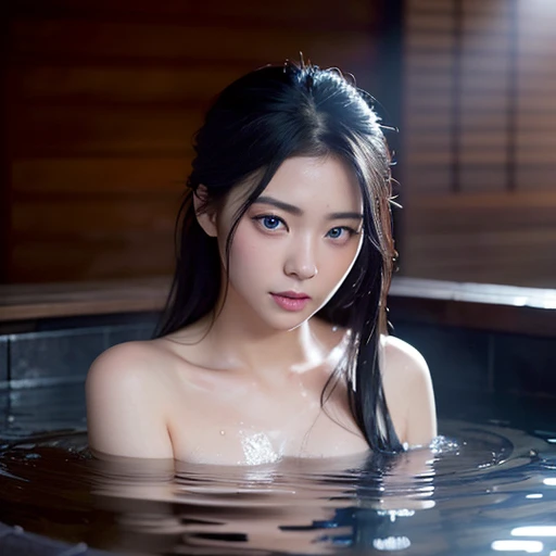 Hot spring and carp
((full medium shot))), (Masterpiece, photorealistic, photorealism, best quality, ultra-detailed:1.3), (nice hands, perfect hands), official art, cinematic light, (1girl:1.3), adult, beautiful woman ((blue eyes)), (long black hair), subsurface scattering, Noon, Onsen, Steam, Koi, petal on water, 