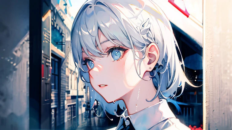 Stunningly beautiful young woman sitting in a street cafe in Paris, 4K, 8K, beautiful silver hair, ray tracing, Portrait by Willem Henraets, watercolor, Wet-on-wet and splatter techniques, in the center, perfect composition, abstraction, surrealism
