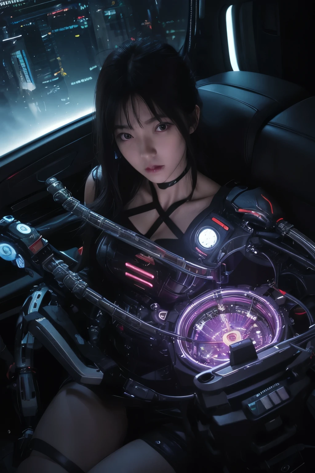 1girl, ulzzang-6500-v0.7, (raw photo: 1.2), (((photorealistic: 1.4)) top quality masterpiece, illustration, very delicate and beautiful, highly detailed CG, unity, 8k wallpaper, amazing, fine details, masterpiece, official art, highly detailed CG Unity 8k wallpaper, absurd, incredibly absurd, cute, top quality, masterpiece, Ultra High Resolution, (Photorealistic: 1.4), Raw Photo, Futuristic Town Perspective, Futuristic Skyscrapers, 12 Years Old Girl Standing on a Futuristic Street Corner, Black Hair, Glossy Skin, 1 Cyborg Girl, (Ultra Realistic Details)), Portrait, Global Illumination, Shadows, Octane Rendering, 8K, Ultra Sharp, Big, cleavage exposed raw skin, metal, intricate ornamental details, headsets, hydraulic cylinders, very intricate details, realistic light, CGSoation trends, purple eyes, glowing eyes, facing the camera, neon details, mechanical limbs, blood vessels connected to tubes, mechanical vertebrae attached to the back, mechanical cervical attachment to the neck, sitting, wires and cables connecting to the head, Evangelion, cyberpunk, small LED lamps,