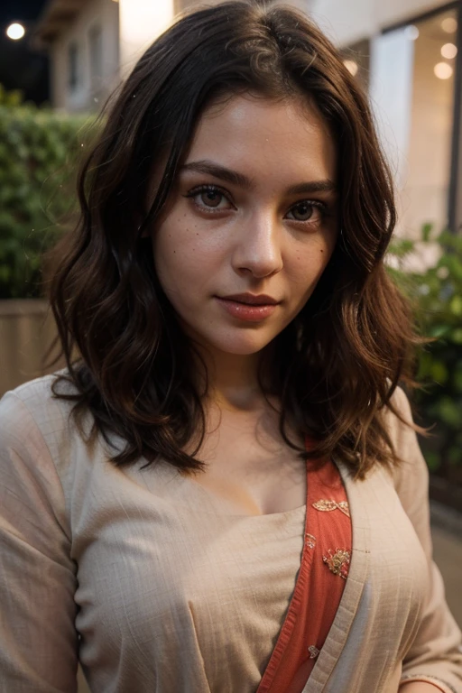 ((1girl)), Solo, (((Very detailed face)))), ((Very detailed eyes and face))), red saree, garden, night, detailed body, detailed face, ultra realistic, charming, cute, big hazel eyes with long curly hair, perfect fingers, ambient lighting, winter, detailed background, 8k