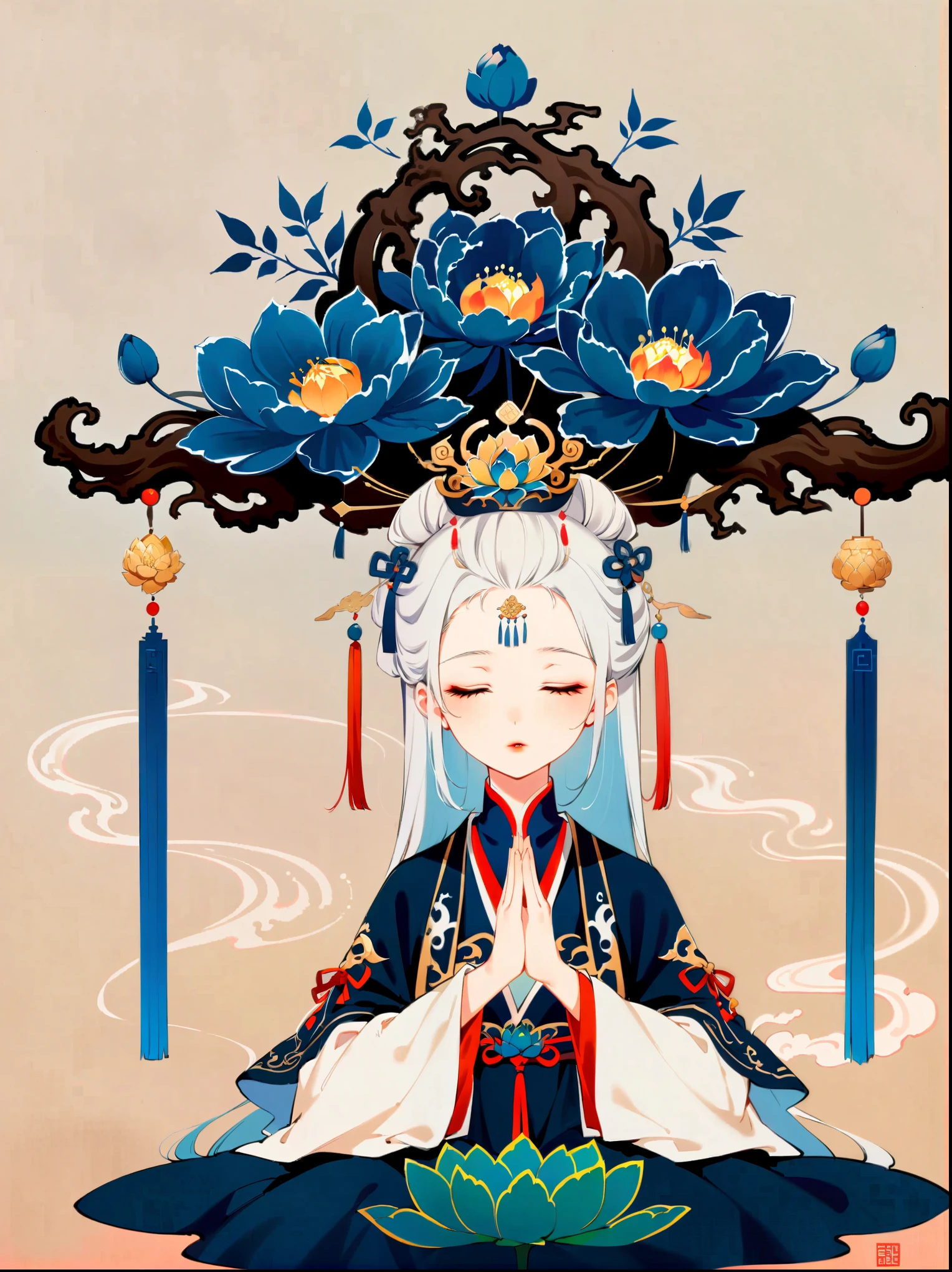 In a two-dimensional style, illustrate a close-up scene of a white-haired female Taoist meditating on a floating giant lotus rock within a mysterious ancient forest. She wears a flowing blue Taoist robe with golden cloud patterns that seem to animate with her breath. Surround her with slowly rotating ancient characters emitting a soft glow. The focus is on accurately depicting the female Taoist's features, limbs, and fingers in detail, set against a simplified background to emphasize her serene expression and meditative posture.