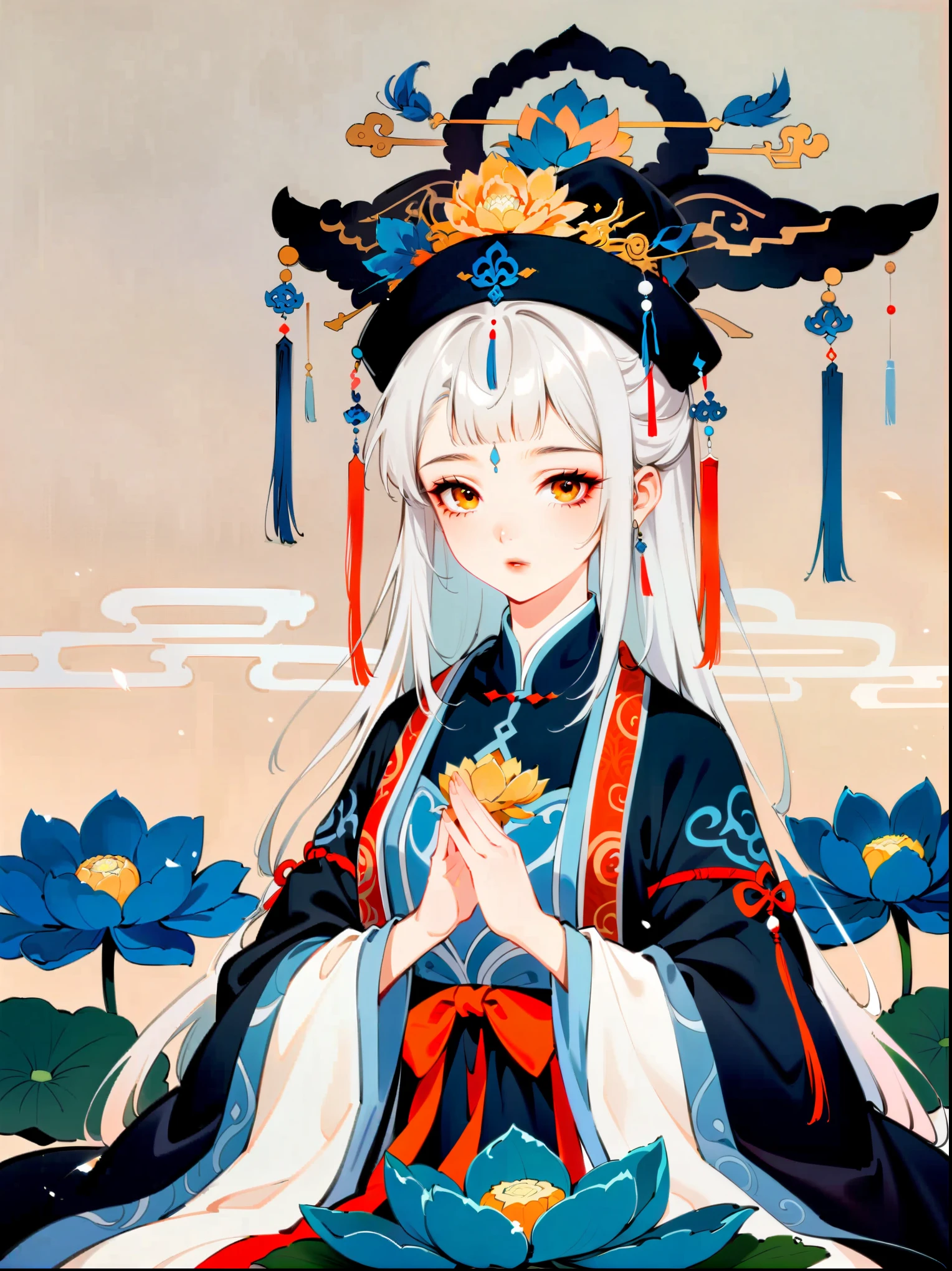 In a two-dimensional style, illustrate a close-up scene of a white-haired female Taoist meditating on a floating giant lotus rock within a mysterious ancient forest. She wears a flowing blue Taoist robe with golden cloud patterns that seem to animate with her breath. Surround her with slowly rotating ancient characters emitting a soft glow. The focus is on accurately depicting the female Taoist's features, limbs, and fingers in detail, set against a simplified background to emphasize her serene expression and meditative posture.