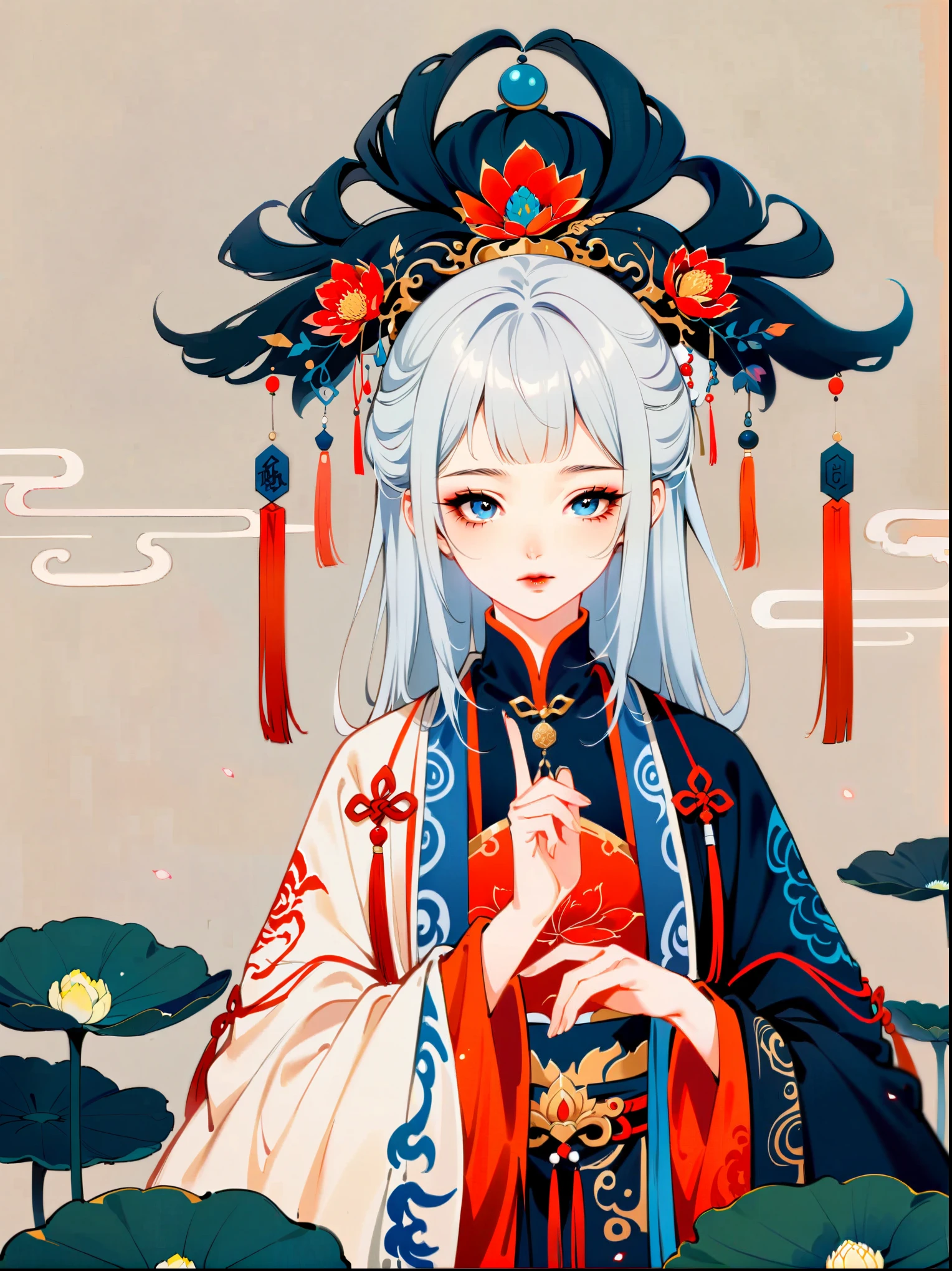 In a two-dimensional style, illustrate a close-up scene of a white-haired female Taoist meditating on a floating giant lotus rock within a mysterious ancient forest. She wears a flowing blue Taoist robe with golden cloud patterns that seem to animate with her breath. Surround her with slowly rotating ancient characters emitting a soft glow. The focus is on accurately depicting the female Taoist's features, limbs, and fingers in detail, set against a simplified background to emphasize her serene expression and meditative posture.