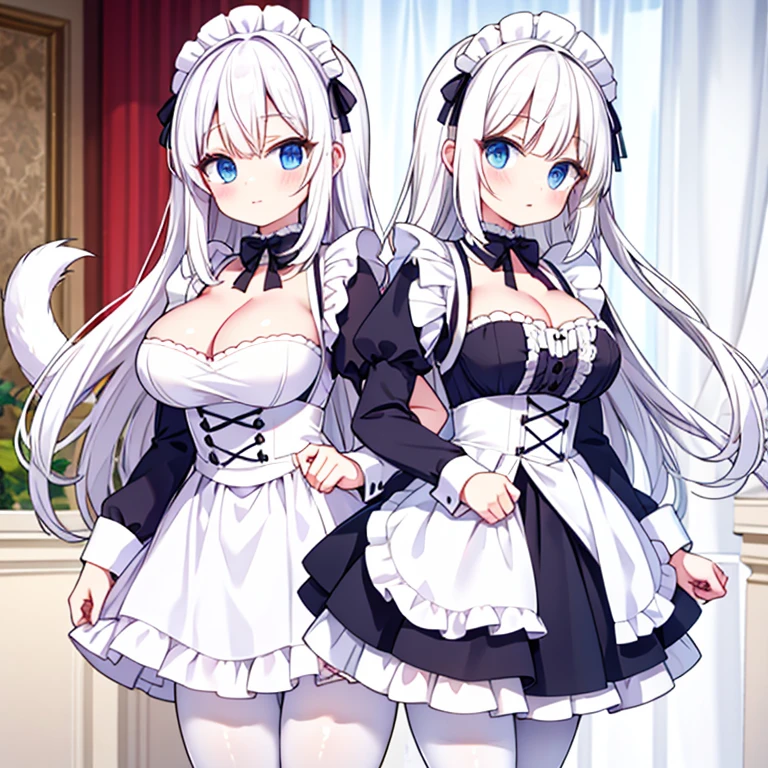 white hair,Double tail,white pantyhose,Big ,maid outfit,cleavage