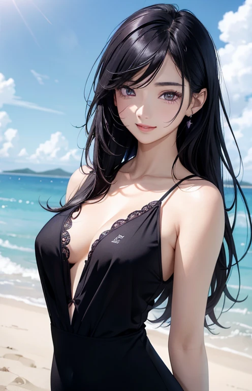 masterpiece、highest quality、High resolution、high quality images、8K, 1 female、skin luster、Texture of skin and clothing、Expression of fine eyes、glossy black hair,long hair girl, Manga inspired by Lee Jong-suk, trending on deviantart, realism, detailed manga style, manga art style, perfect line drawing, beautiful line drawing, digital manga art girl, K-POPアイドル, dress, beautiful purple eyes, plump lips, detailed gorgeous face, (cute smile), charm, innocent, Side view, (perfectly detailed face), (fine hands) photorealistic images, Depth of written boundary, half up hairstyle, warm sunshine,swimsuit,cloud,sky sky,The skin is delicate,