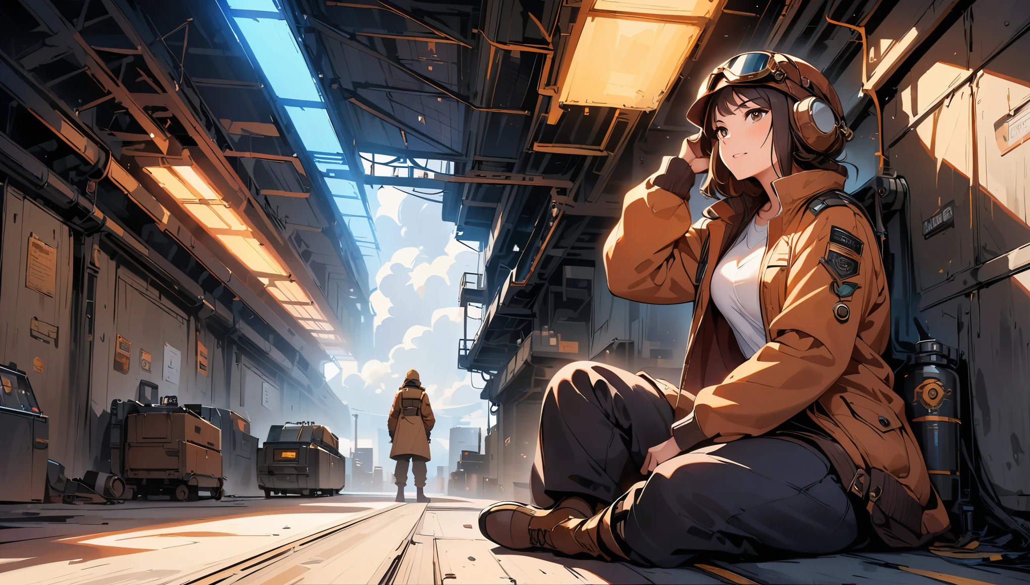 (highest quality, 4k, 8K, High resolution, masterpiece:1.2), Super detailed, one person, woman, steampunk design, Aviator Cap, goggles, flight jacket, In the Hangar, sit down, Machine under maintenance, Pose looking up while working, vapor, cigarette, powerful stroke, high contrast, Heroic portrait, adrenaline rush, Detailed weapons, strength, impact, energy, Violent, タバコを咥えたwoman。