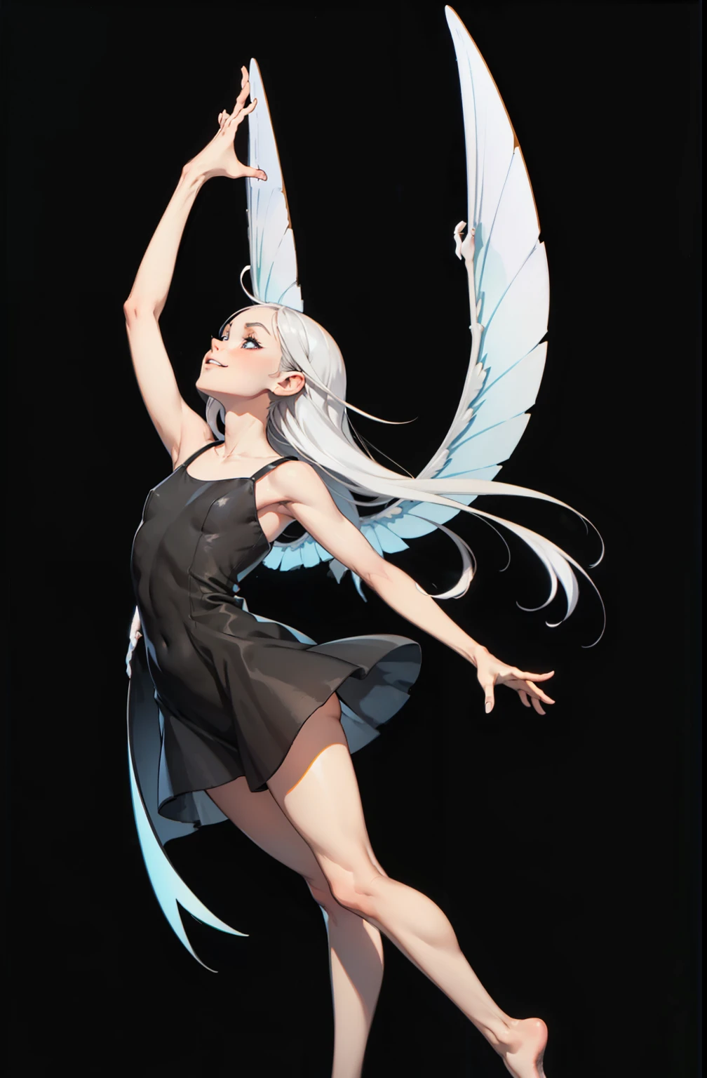 makeup, Soft or colorful lips, simple black background, minimalism, monotone, bright color palettes, , happy face, short dress, exposed feet, fairy wings, short transparent dress, feet, long straight hair, stand on tiptoes , looks up , side view, perspective, side, perfect ???????, perfect hands, wind in the dress


