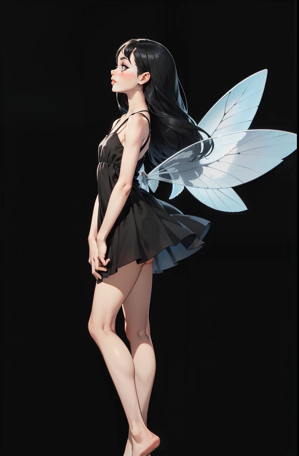 makeup, Soft or colorful lips, simple black background, minimalism, monotone, bright color palettes, , happy face, short dress, exposed feet, fairy wings, short transparent dress, feet, long straight hair, stand on tiptoes , looks up , side view, perspective, side, perfect anatomy, perfect hands, wind in the dress