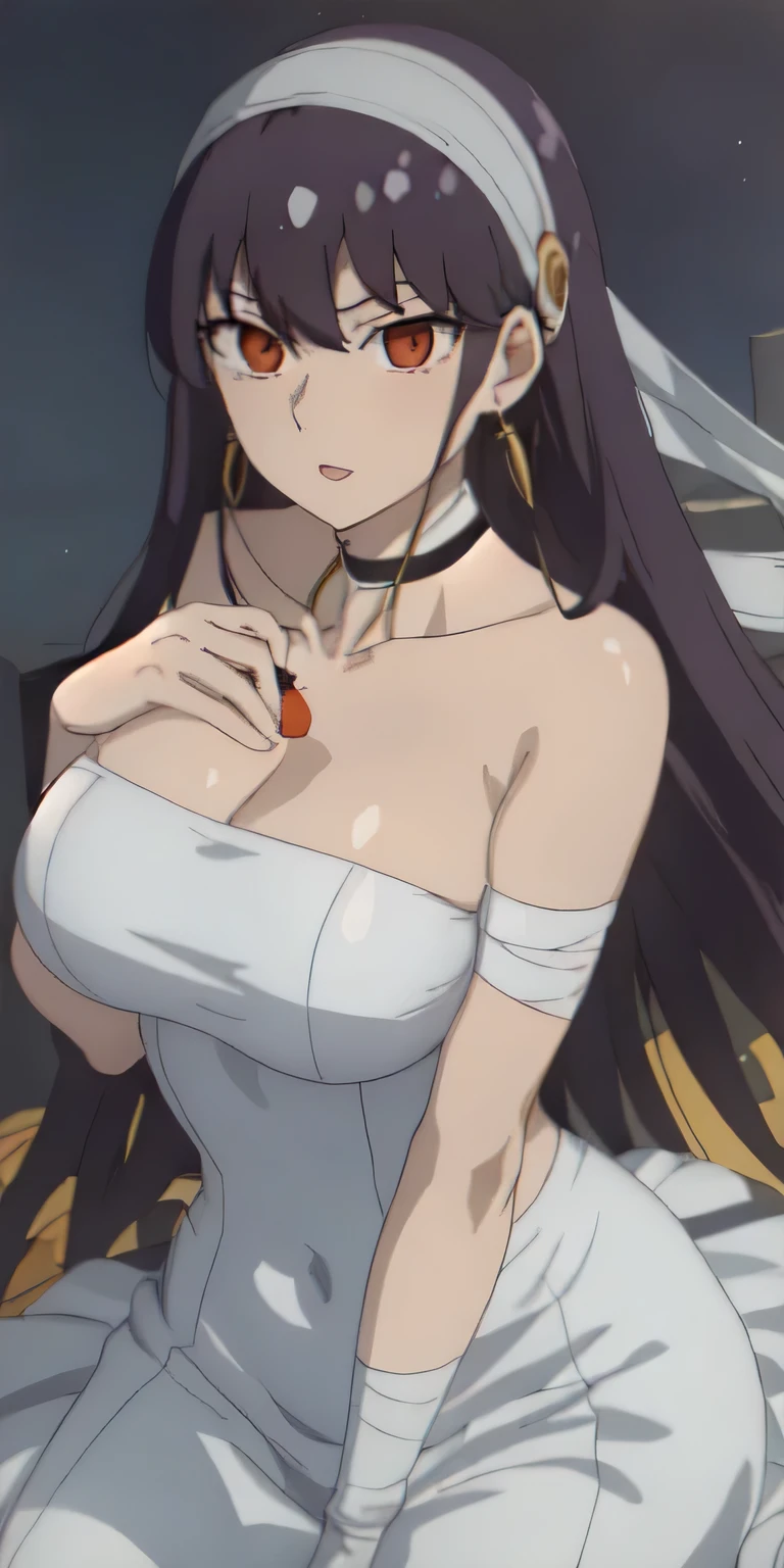 1girl, yor forger, yor forger from spy x family, yor briar, black hair, (red eyes:1.5), earrings, white hairband, hairband, long hair, sidelocks, bare shoulders, collarbone, anime girl with a bandaged chest and, seductive anime girl, anime moe artstyle, badass anime 8 k, mummy clothes, lights on tits
