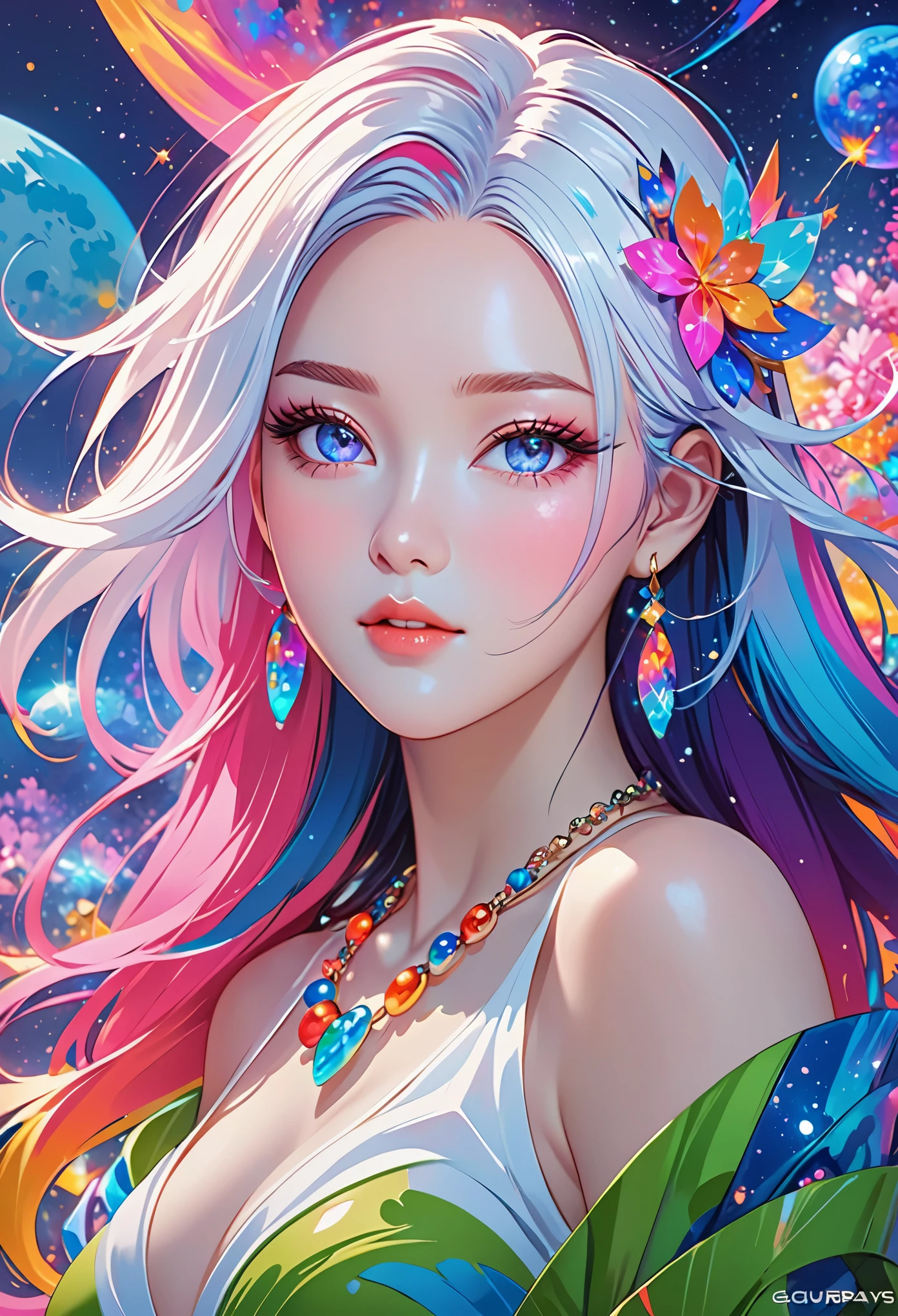 Close-up of a woman with rich and colorful hair and necklace, Cosmic hair anime girl, The soft vibrancy of Rossdraws, Gouves style artwork, fantasy art style, rich and colorful], Vibrant fantasy style, Rossdraws cartoons are vibrant, universe and rich and colorful, guweiz, rich and colorful digital fantasy art, Stunning art style, Beautiful anime style, White skin, Hulk Clothes
