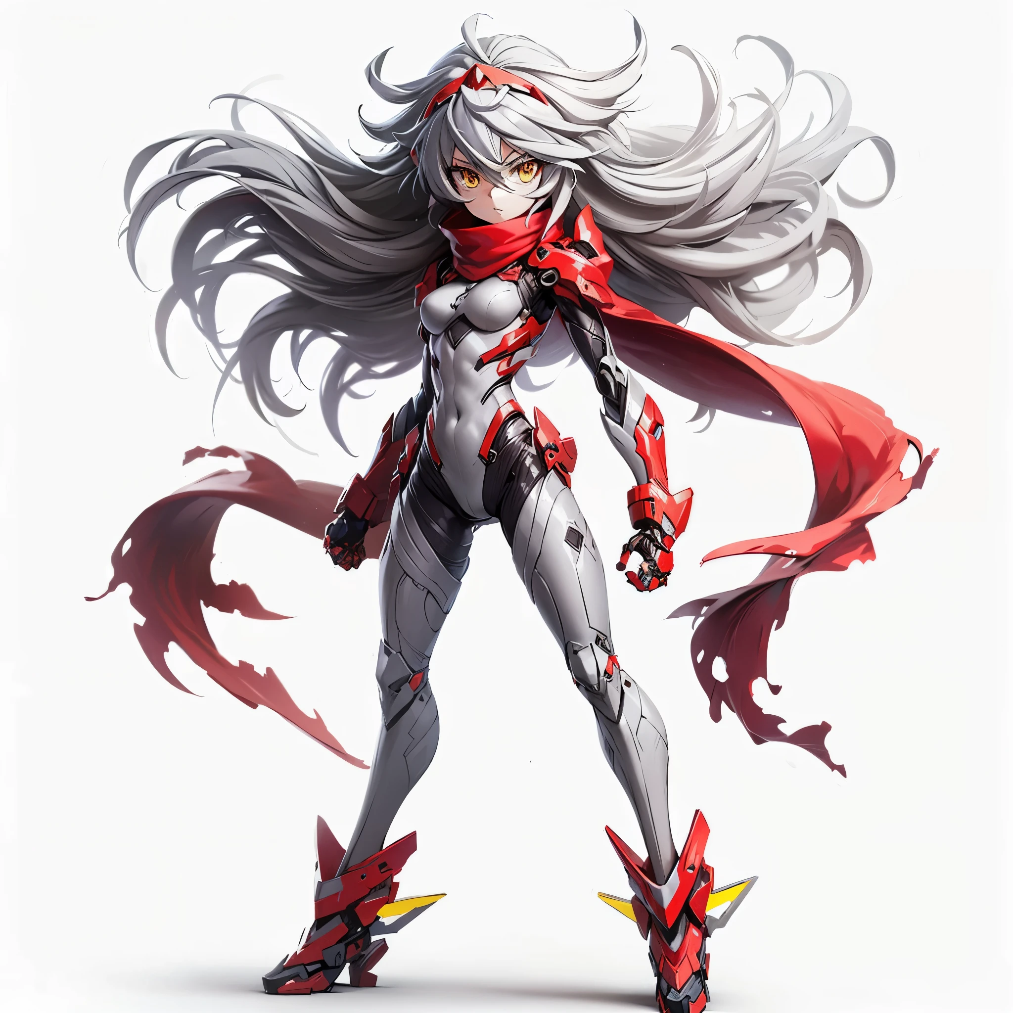 (Masterpiece, Top Quality), (Fine Hair), Ultra-Detailed, Anime Style, Solo, Full Length, Concept Art, Cyber grappler Girl, Ash-Gray Hair and Yellow Eyes, Body-Fitting Thin High-Tech Suit and Red Scarf, Face Exposed Cyber Headgear, Huge Gauntlets, fighting Pose, supernatural red and black flames, wearing huge mechanical boots, White background, standing full length, Digital painting, standing on burnt earth, ((Senki Zesshou Symphogear))