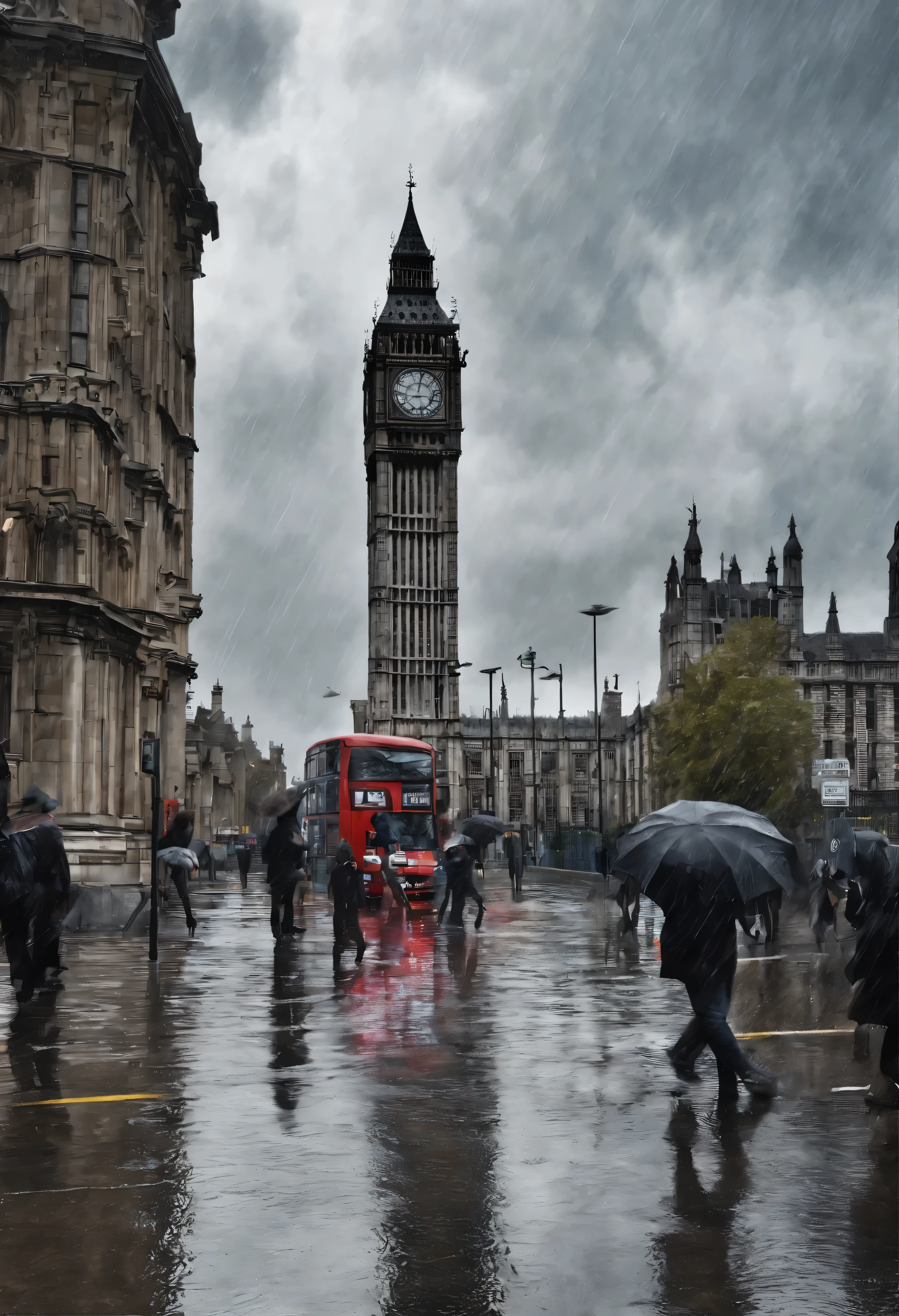 rainy day in big ben, london, river thames , london city, city life. traffic, people. busy intersection. rain and reflections of wet road
