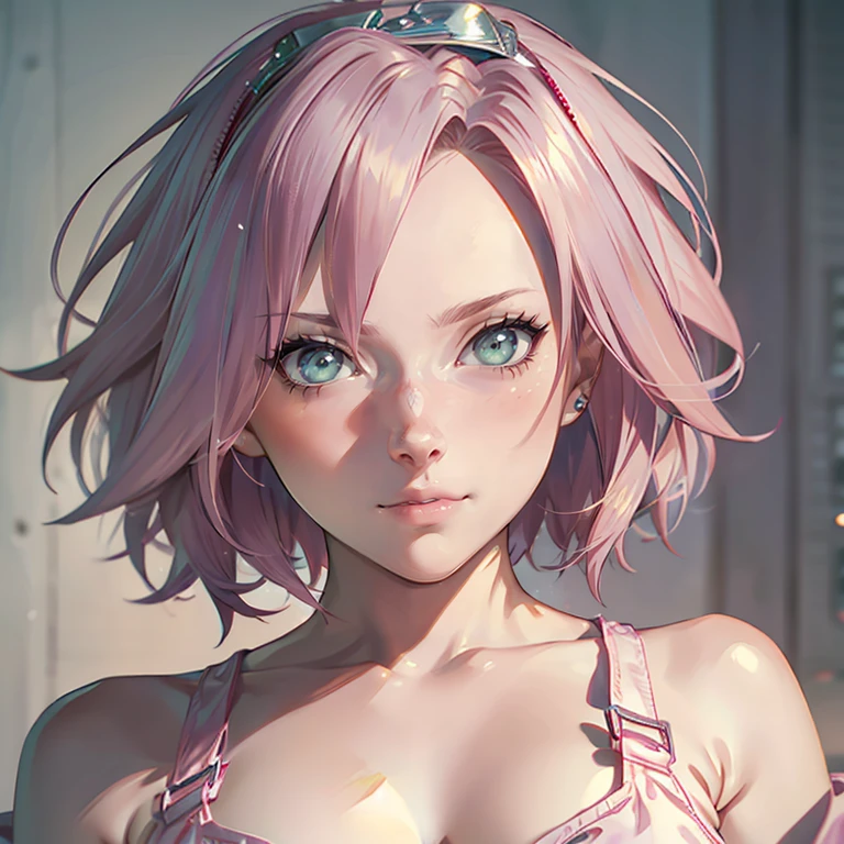 A girl with short pink hair in a   beautiful with pink eyes