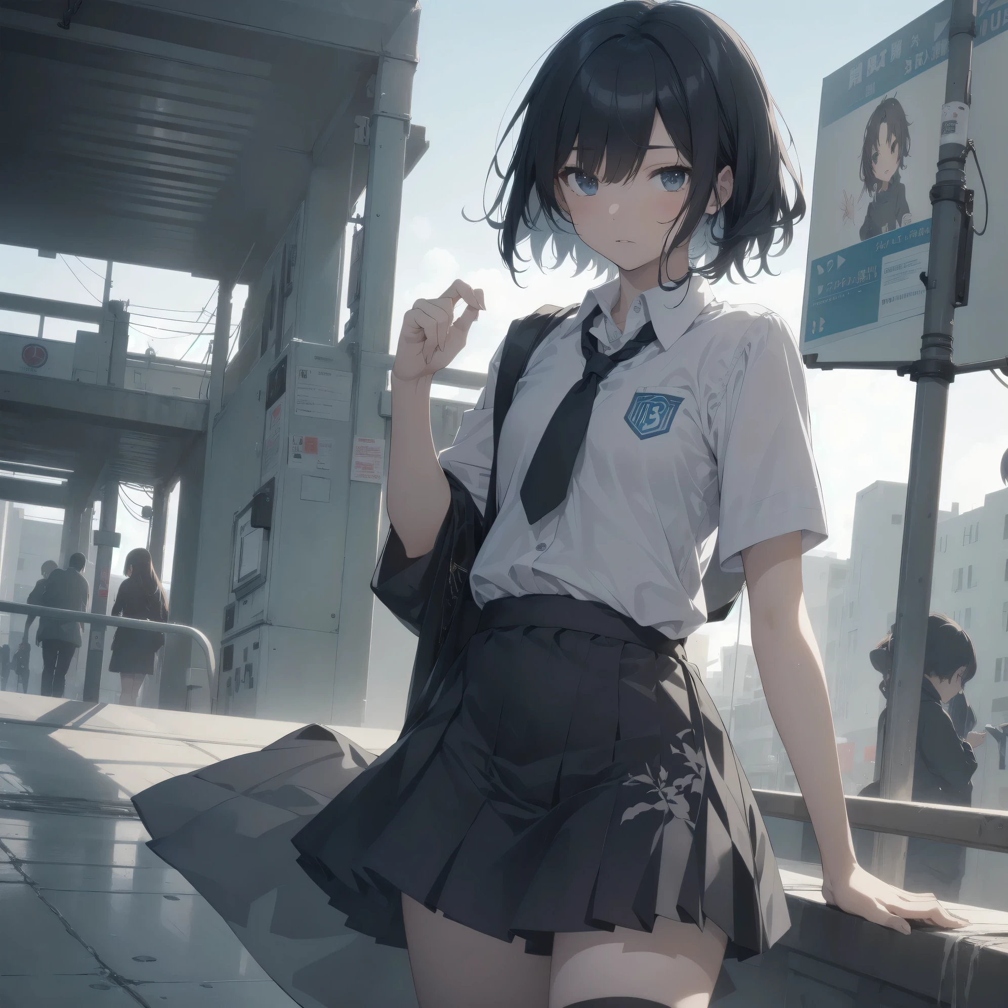 ultra-absurdres-Top quality by artist God, ultra-detailed, high resolution, anime moe artstyle, best anime 8k konachan wallpaper, pixiv contest winner, perfect anatomy,break, 1girl, (Please draw a girl walking sleepily to school alone. )break,(Solo,little female, 13-year-old:1.3),Full limbs, complete fingers,a junior high school student, Attractiveness of immature bodies, (very short hair), short cut, flat chest, , small butt, small black eyes, beautiful detailed eyes, well-proportioned iris and pupils, expressive eyes, highres detailed hair, soft expression, school_uniform, white shirt, pleated skirt,(Detailed Lighting), (Detailed background), in the School commute route. break,super detailed skin, Best cinematic lighting powered by famous artist, 8k,beauty illustration,photoshop_(medium),very aesthetic,break,((artist:fujiyama )), artist:akinashi_yuu ,artist:oyari_ashito ,artist:kantoku ,