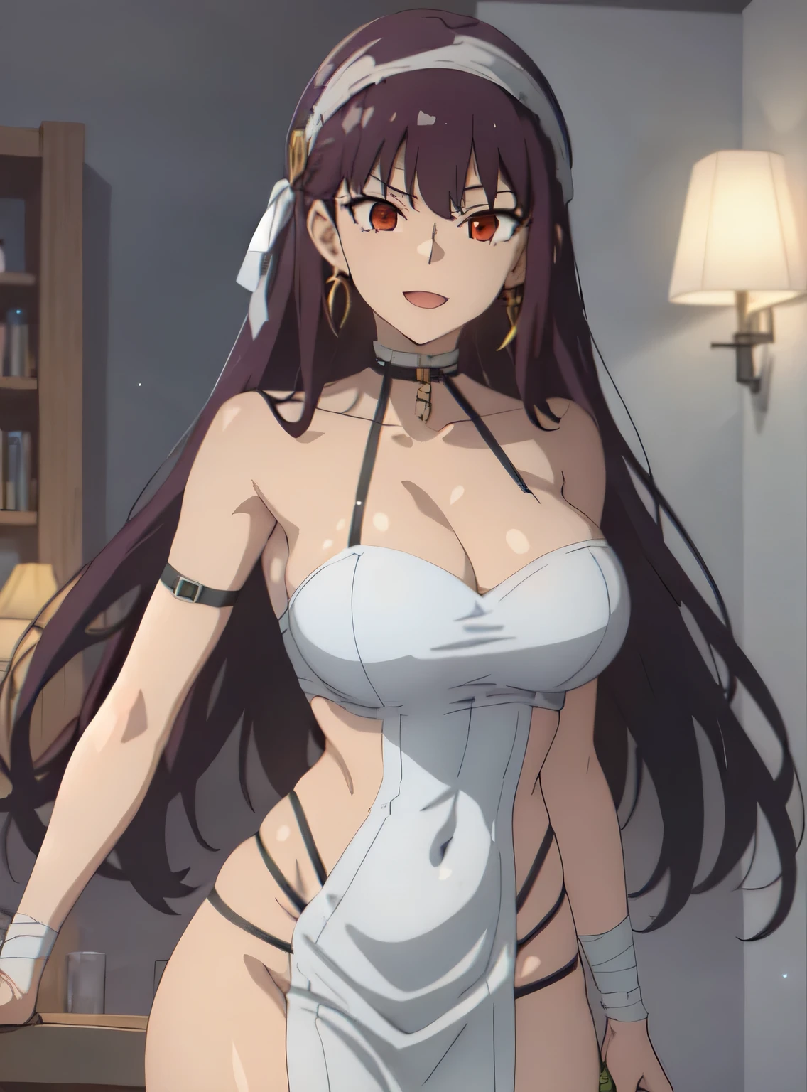 1girl, yor forger, yor forger from spy x family, yor briar, black hair, (red eyes:1.5), earrings, white hairband, hairband, long hair, sidelocks, bare shoulders, collarbone, anime girl with a bandaged chest and, seductive anime girl, anime moe artstyle, badass anime 8 k, mummy clothes, lights on tits
