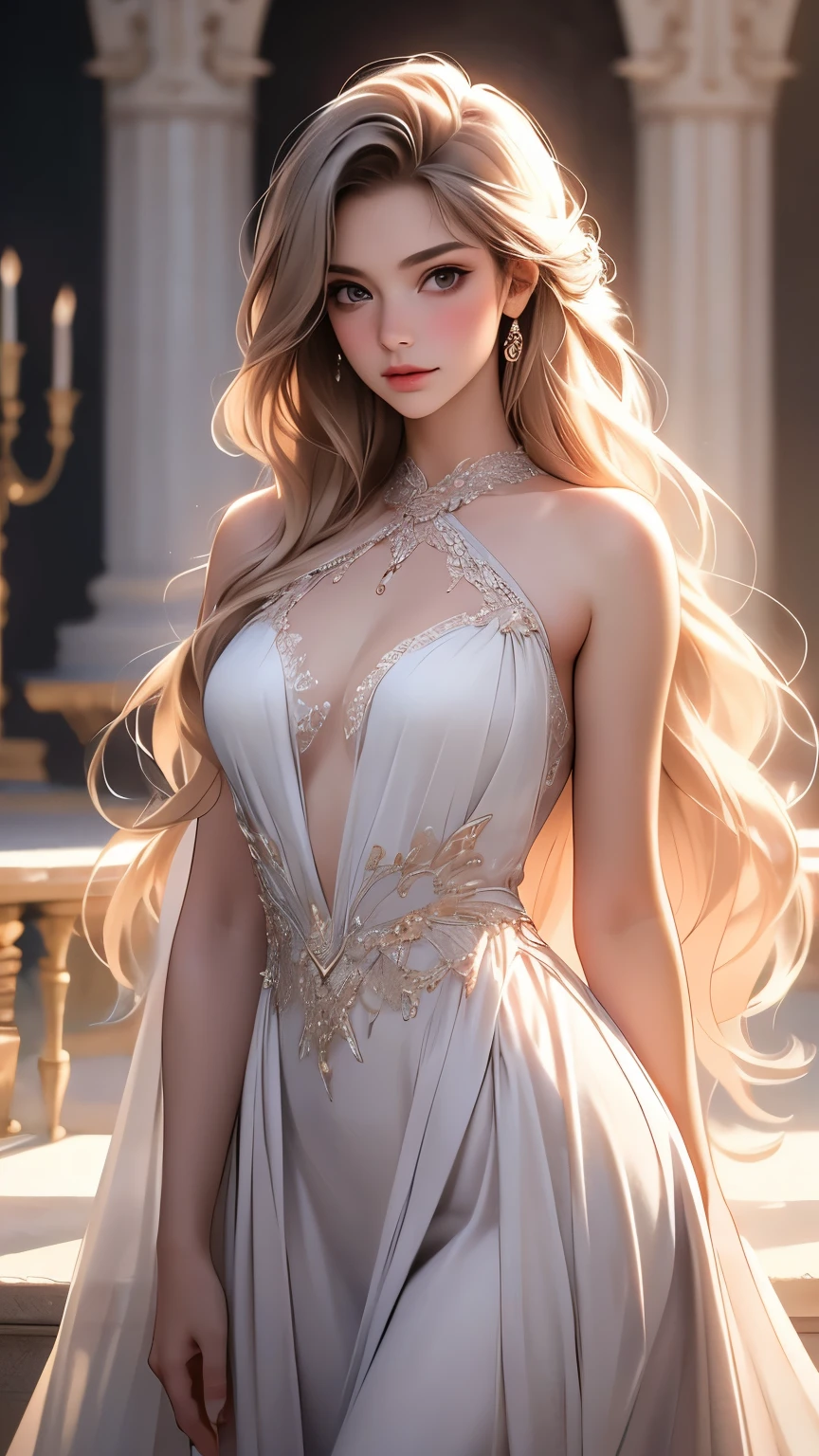 (highest quality,4k,8K,High resolution,masterpiece:1.2),Super detailed,(realistic,photorealistic,photo-realistic:1.37),full body portrait,1 girl, perfect hourglass illustration, exquisite features, mysterious eyes, white transparent dress, bare shoulders, blush, shy, pink long hair, looking at the audience, small breasts, Depth of the bounds written, High-definition images、thin waist