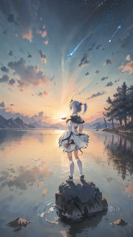 Anime girl standing on rocks on circular light background, anime style 4k, anime art wallpaper 8k, anime girl with space hair, anime art wallpaper 4k, anime art wallpaper 4k, anime wallpaper 4k, anime wallpaper 4k, fantastic anime, 4k anime wallpaper, anime moe art style, epic anime artwork, anime lighting、NSFW, (8K, RAW photo, highest quality, masterpiece:1.2), (realistic, Photoreal:1.37), super detailed, 1 girl, solo, cute, beautiful detailed sky,near sky