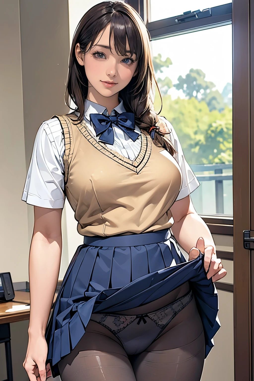 (masterpiece:1.2, highest quality), (realistic, photorealistic:1.4), beautiful illustrations, (natural side lighting, movie lighting), Depth of written boundary, Beautiful thighs looking at the viewer, (face focus, Upper body), Front view, 1 girl, English, high school girl, , perfect face, Cute symmetrical face, shiny skin, Random Uniform、
(random hairstyles、blonde), Big eyes, long eyelashes chest), thin, tall、
beautiful hair, beautiful face, fine and beautiful eyes, beautiful clavicle, beautiful body, beautiful breasts, beautiful thighs, beautiful feet, beautiful fingers,
((fine fabric texture, Brown knitted vest, short sleeve white collar shirt, navy pleated skirt, Navy bow tie)),
(beautiful scenery), evening, (Inside the flower shop), Are standing, (smile, Upper grade, open your mouth), (((skirt lift, Panties and pantyhose are visible)))
