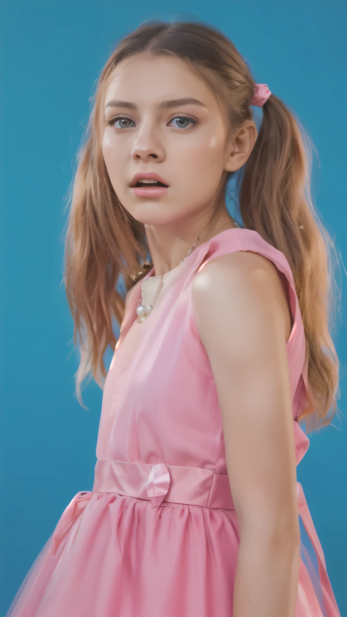 A wearing a pink dress and a pearl necklace stands in front of a blue background. Арафедовая девушка in a pink dress с розовым бантом, gorgeous young model, fashion model frowns, in a pink dress, dressed in a pink dress, Side portrait of a cute girl, portrait of a magical girl, close-up portrait, Beautiful pink , a girl in a dress, cute young girl, side portrait of a girl, портрет молодой девушки She has a frightened expression on her face, perfect smooth skin. with long brown hair, smoot, multiple light sources, rim light, sharp post effects render, perfect cgi, digital art, detailed digital art, reflective, best quality, 4k, masterpiece:1.2, ultra-detailed, realistic, vivid colors, dark and moody lighting, The image of the highest quality, ensuring every detail showcased perfectly. It in 4k resolution, allowing viewers to immerse themselves in the richness of the colors and intricate details. The realistic rendering. under the spotlight, reflecting, high-resolution image, realistic rendering, dark background, and rim light