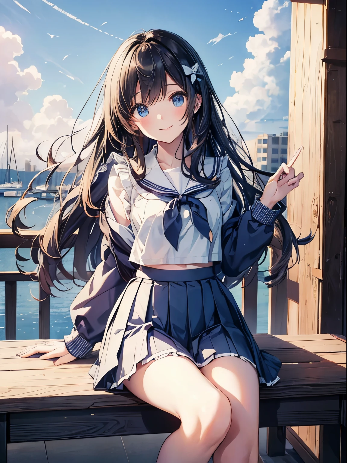 (table top ,highest quality,Extremely detailed), 1 Cute and pure girl,innocent smile,serafuku,blue color,navy pleated skirt,from below,blue sky,White cloud,summer sunshine,fine and beautiful eyes,sparkling eyes,glossy lips,  perfect anatomy , perfect five fingers,Charm,wonderful, The Ultra-Fine Age