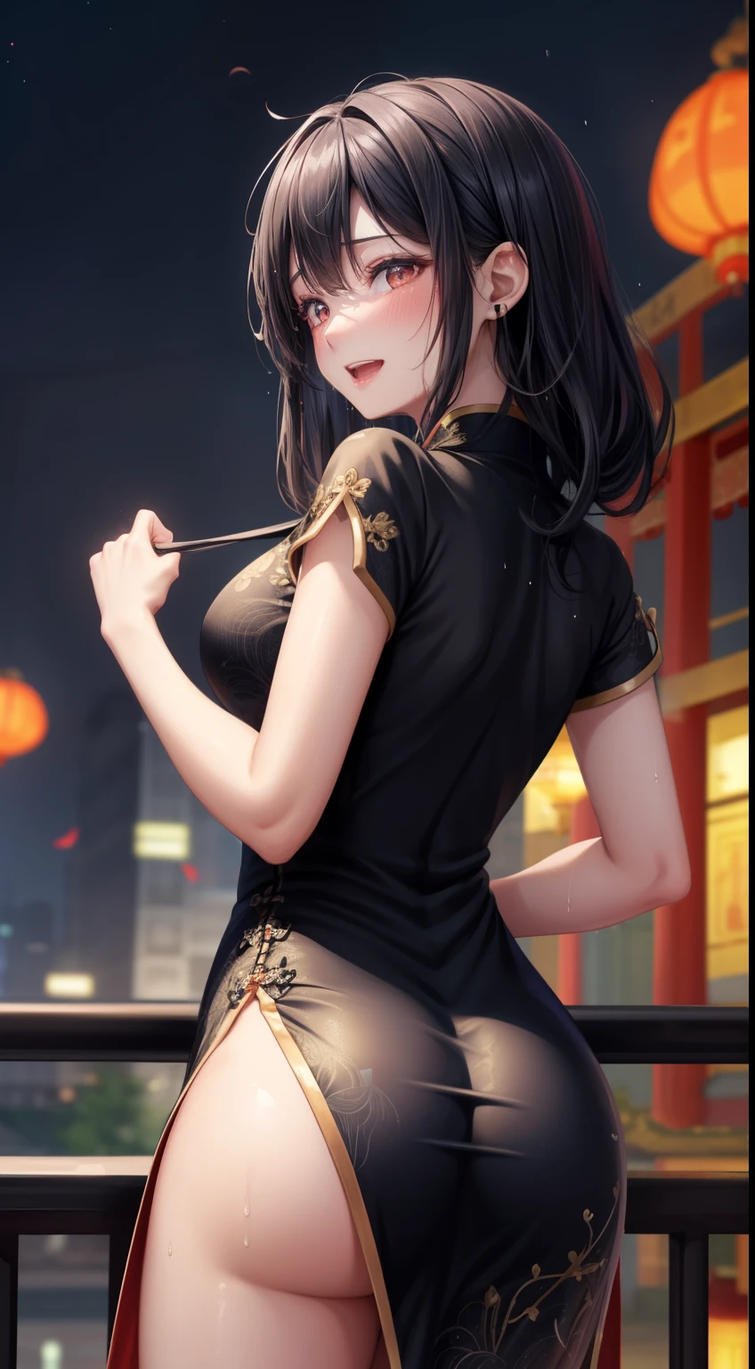 woman,20-year-old,,city,night,(((China dress))),,open mouth smile(),(()),((black hair)),blush、,((())),((look back))(wet with sweat)Reflecting the buttocks