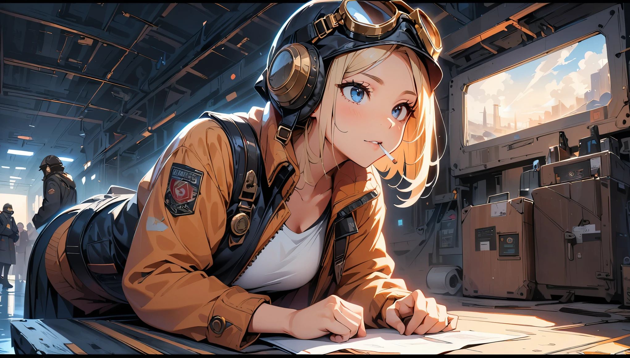 (highest quality, 4k, 8K, High resolution, masterpiece:1.2), Super detailed, one person, woman, steampunk design, Aviator Cap, goggles, flight jacket, In the Hangar, sit down, Machine under maintenance, Pose looking up while working, vapor, cigarette, powerful stroke, high contrast, Heroic portrait, adrenaline rush, Detailed weapons, strength, impact, energy, Violent, タバコを咥えたwoman。