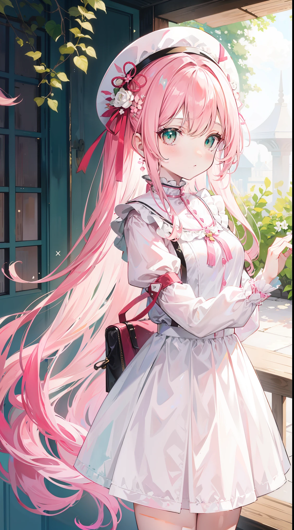 pale pink and white long hair，green, white and pink clothes，She&#39;s a cute and nice girl，focus on pure desire，It looks very light and gentle
