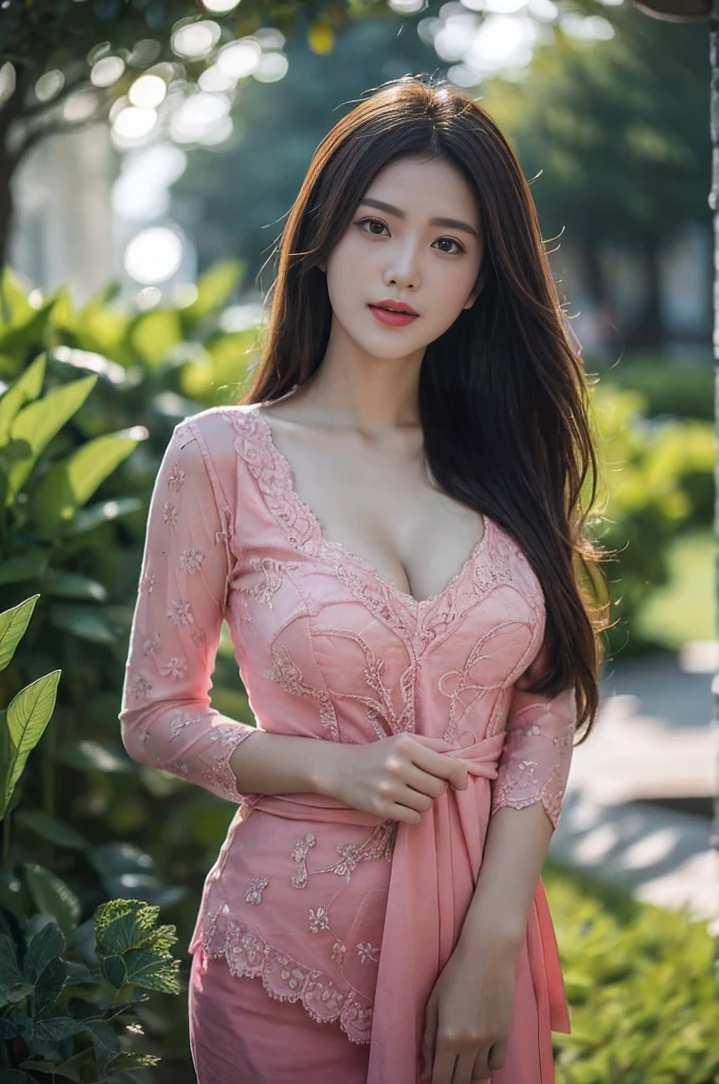 8k, best quality, Medium close-up, (pink kebaya )、(luxury kebaya ),(top-quality,masterpiece:1.3,超A high resolution,),(ultra-detailliert,Caustics),(Photorealsitic:1.4,RAW shooting,)Ultra-realistic capture,A highly detailed,high-definition16Kfor human skin, Cute and lovely Korean girl, realistic, ultra detail, photo realistic, Increase quality, standing in a garden with a scarf, garden, (large breast), (cleavage ), close-up shot, mouth,dark-haired, pink neon fringe long hair, (depth of fields、chromatic abberation、Wide range of lighting、Natural Shading、)、(Exterior light at night:1.4)、(Hair swaying in the wind:1.2).