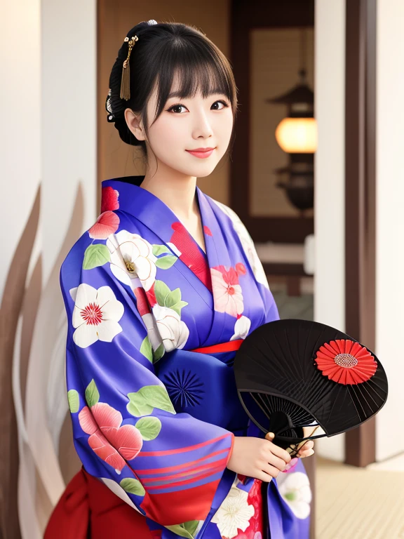 woman in kimono holding a fan and a fan in front of a red door, in kimono, in a kimono, yukata, wearing a kimono, wearing kimono, classy yukata, 色とりどりのyukataを着て, wearing royal kimono, kimono, japanese woman, traditional japanese, japanese model, Japanese style, elegant japanese woman、A dignified smile、22 year old female