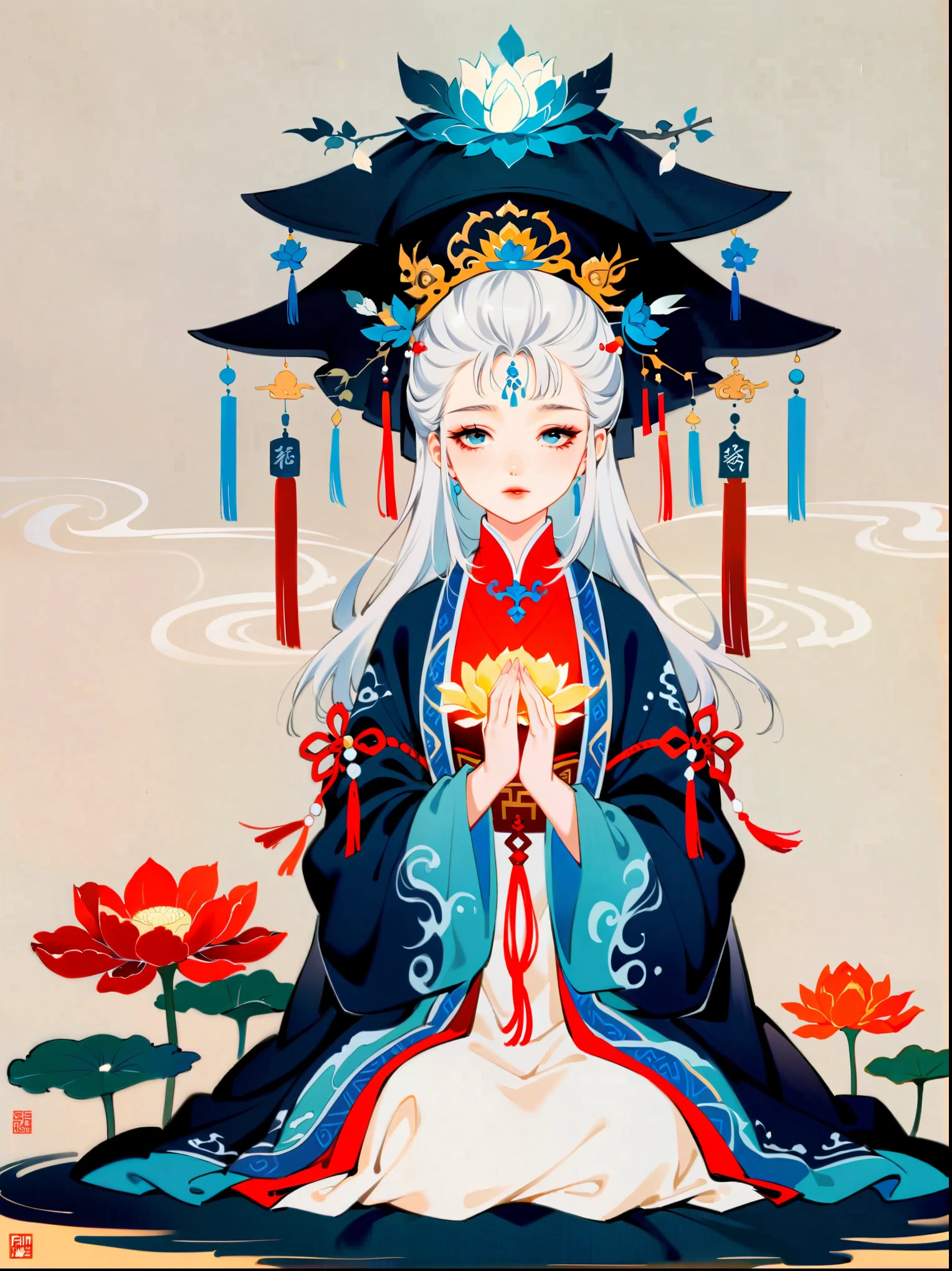 In a two-dimensional style, illustrate a close-up scene of a white-haired female Taoist meditating on a floating giant lotus rock within a mysterious ancient forest. She wears a flowing blue Taoist robe with golden cloud patterns that seem to animate with her breath. Surround her with slowly rotating ancient characters emitting a soft glow. The focus is on accurately depicting the female Taoist's features, limbs, and fingers in detail, set against a simplified background to emphasize her serene expression and meditative posture.