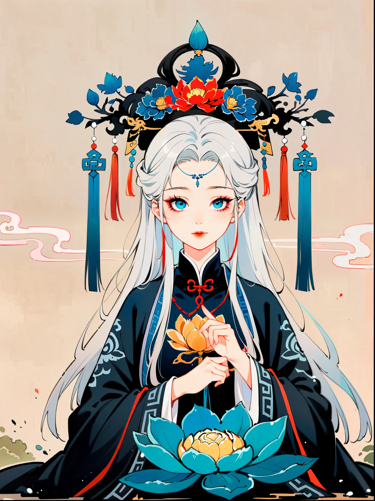 In a two-dimensional style, illustrate a close-up scene of a white-haired female Taoist meditating on a floating giant lotus rock within a mysterious ancient forest. She wears a flowing blue Taoist robe with golden cloud patterns that seem to animate with her breath. Surround her with slowly rotating ancient characters emitting a soft glow. The focus is on accurately depicting the female Taoist's features, limbs, and fingers in detail, set against a simplified background to emphasize her serene expression and meditative posture.