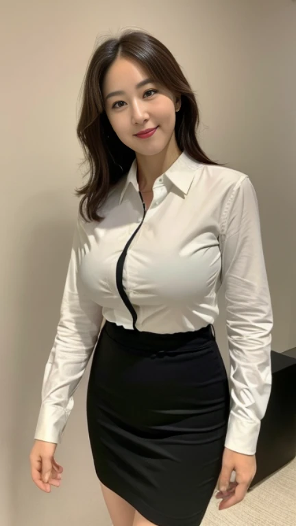 ((highest quality, 8K, masterpiece, portrait: 1.3)), (looking at the viewer), (full shot:0.85), attractive business mature woman, 1 person, a little chubby:0.35, white collared shirt, gray skirt,((big breasts)) (big pelvis:0.3), (officeの机にあぐらをかいて座っている)), smile:0.2, president&#39;office,good posture、